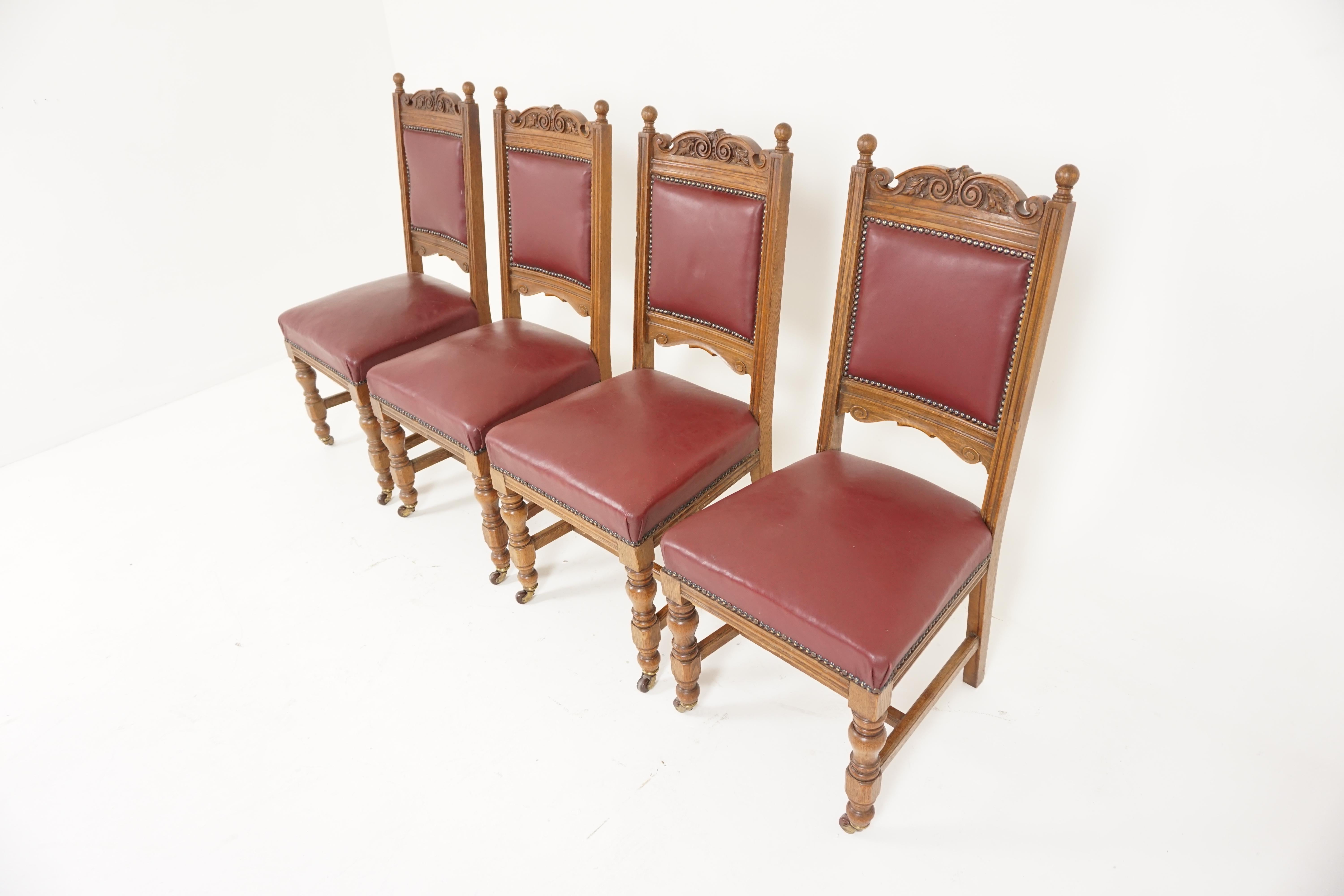 Set of four Victorian carved padded back oak dining chairs, Scotland, 1910

Scotland, 1910
Solid oak
Original finish
Carved top rail with finials on the ends
Padded back in an oak frame
Large stuffed over leather seat
The front and side