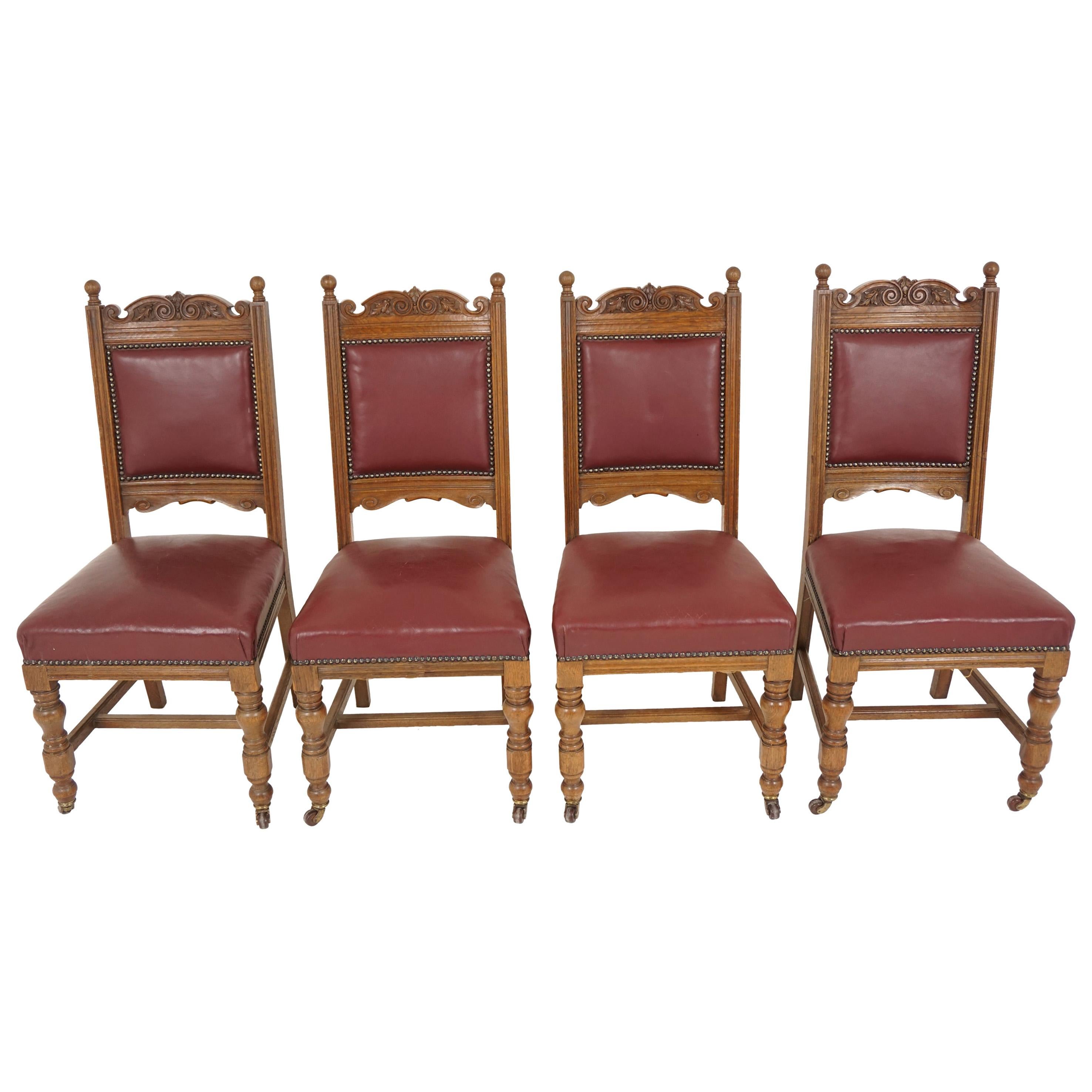 Set of Four Victorian Carved Padded Back Oak Dining Chairs, Scotland 1910, B2044