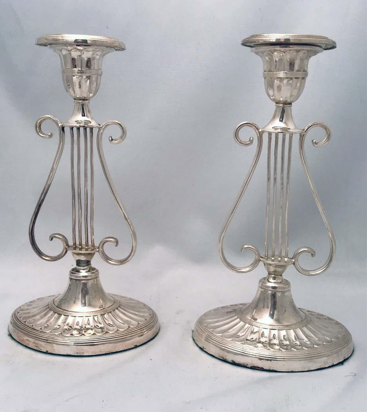 English Set of Four Victorian  Neo-Classical Revival Lyre-Shaped  Candlesticks For Sale