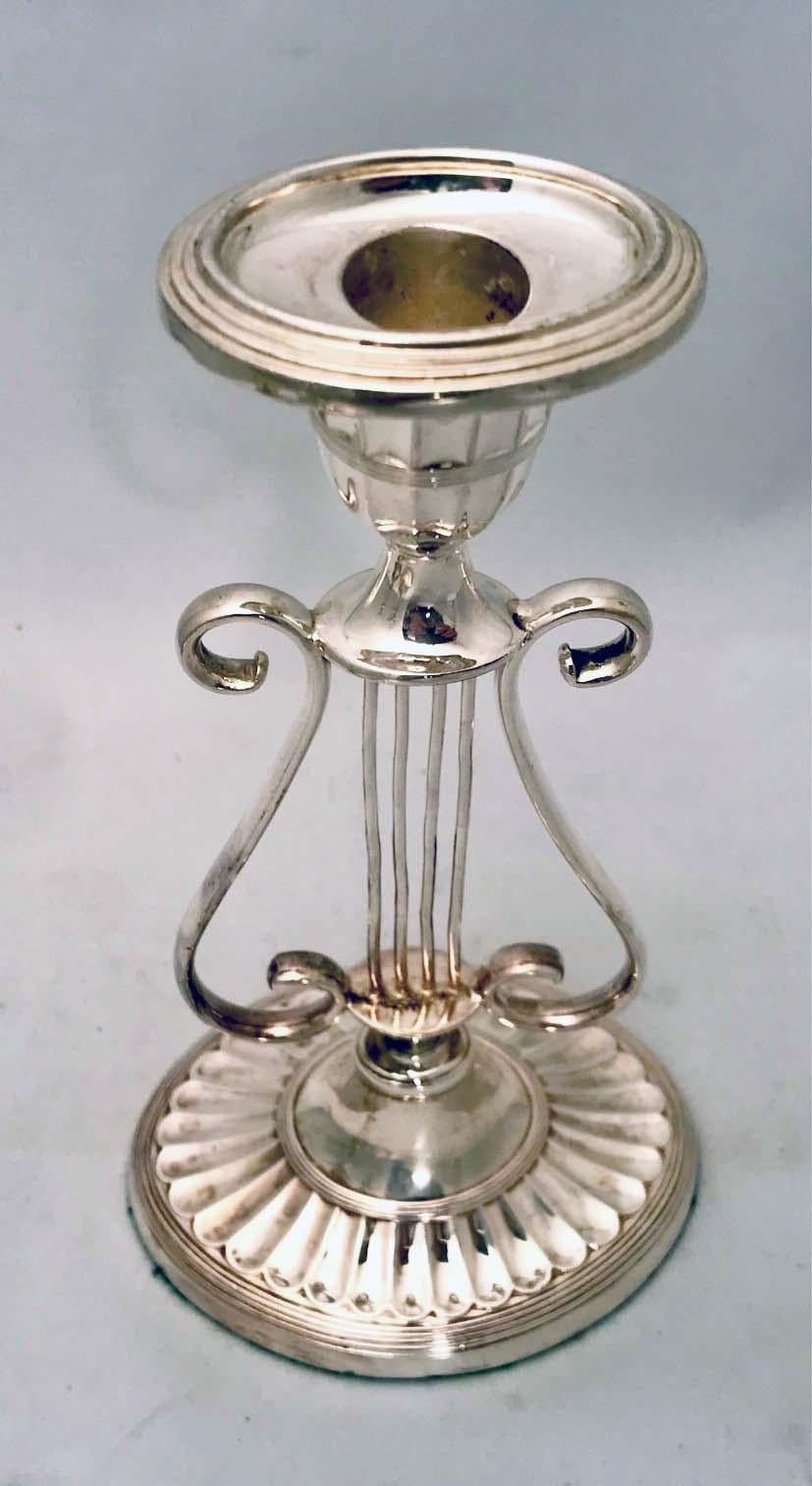 Silver Plate Set of Four Victorian  Neo-Classical Revival Lyre-Shaped  Candlesticks For Sale