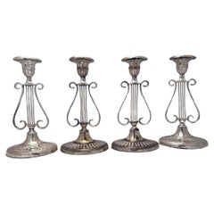 Antique Set of Four Victorian  Neo-Classical Revival Lyre-Shaped  Candlesticks