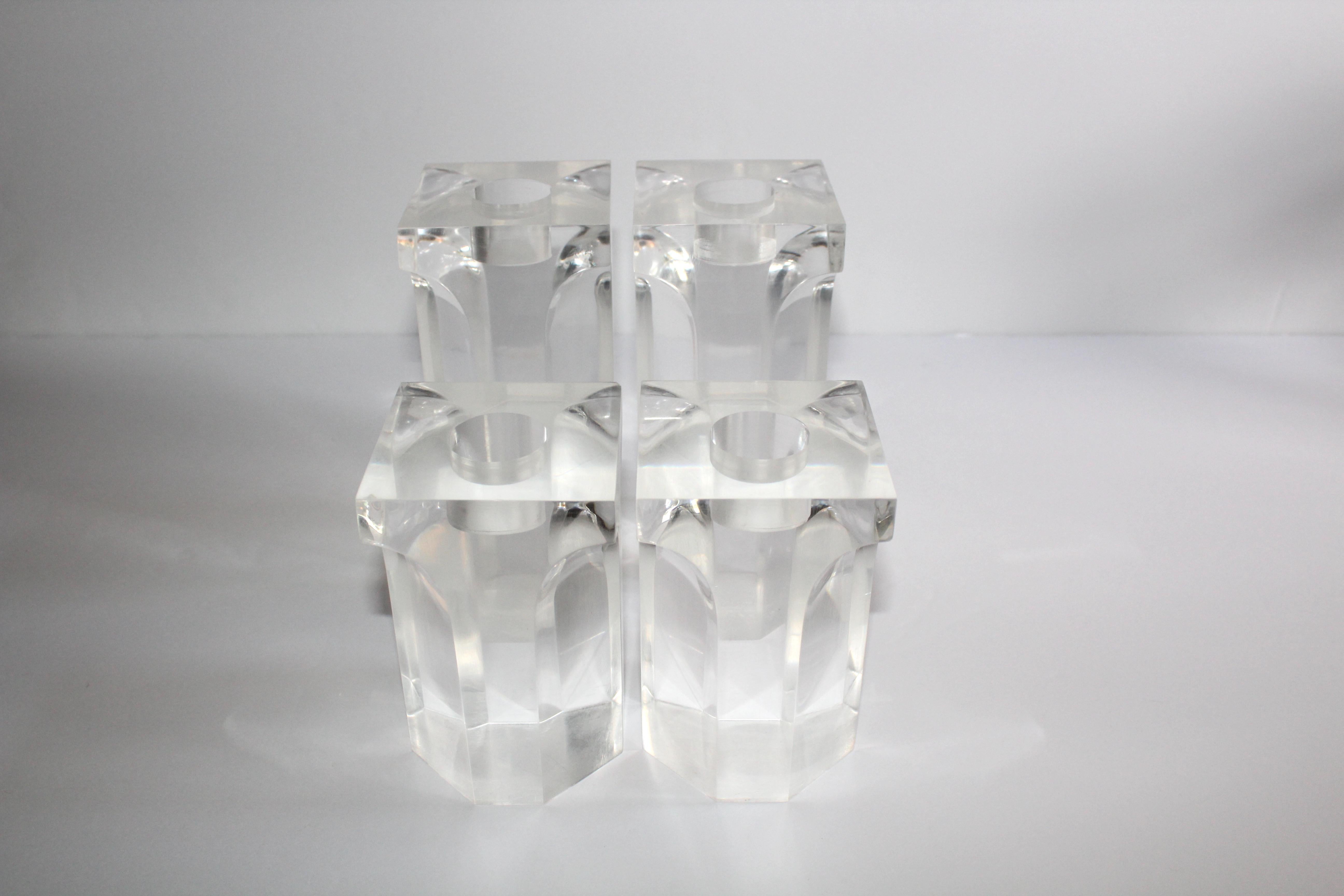 Mid-Century Modern Set of Four Vintage Architectural Lucite Candleholders, 1970s