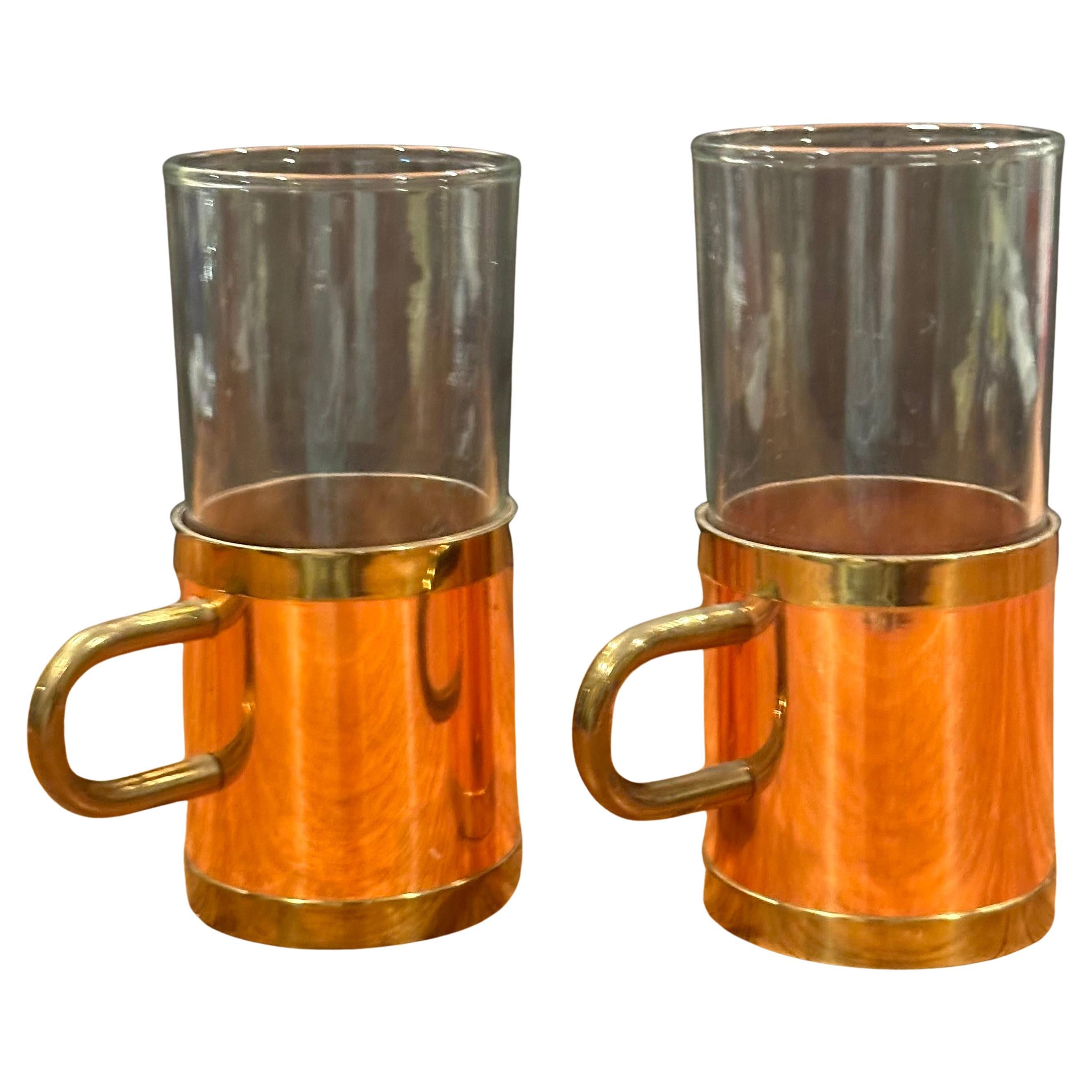 Set of Four Vintage Beucler Copper, Brass and Glass Irish Coffee Mugs In Good Condition For Sale In San Diego, CA