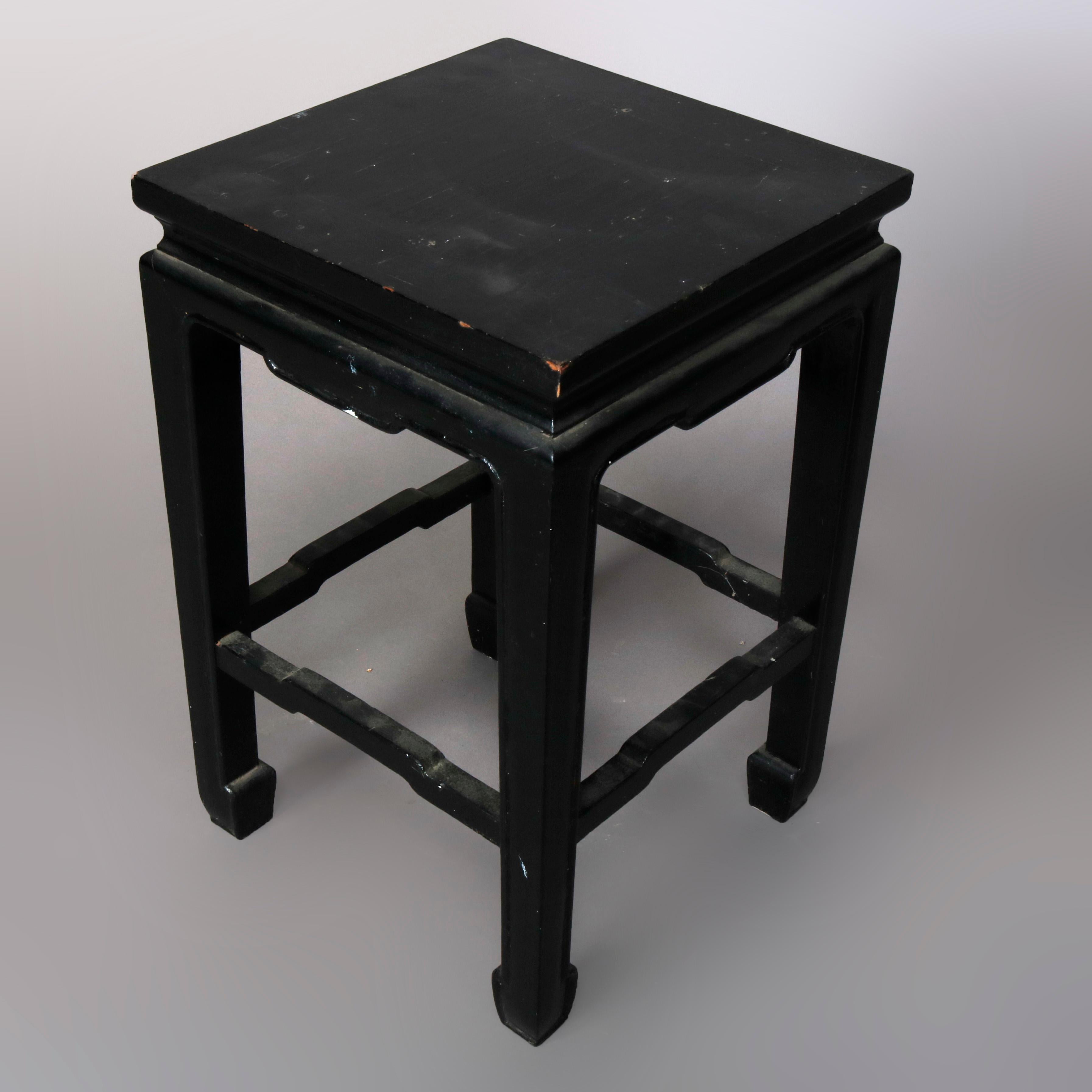 A vintage set of four matching Chinese side stands offer black lacquered wood construction with square tops surmounting frame with shaped stretchers, 20th century

***DELIVERY NOTICE – Due to COVID-19 we are employing NO-CONTACT PRACTICES in the