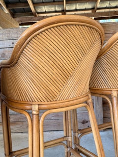 Set of Four Vintage Boho Organic Modern Pencil Rattan Bar Stools