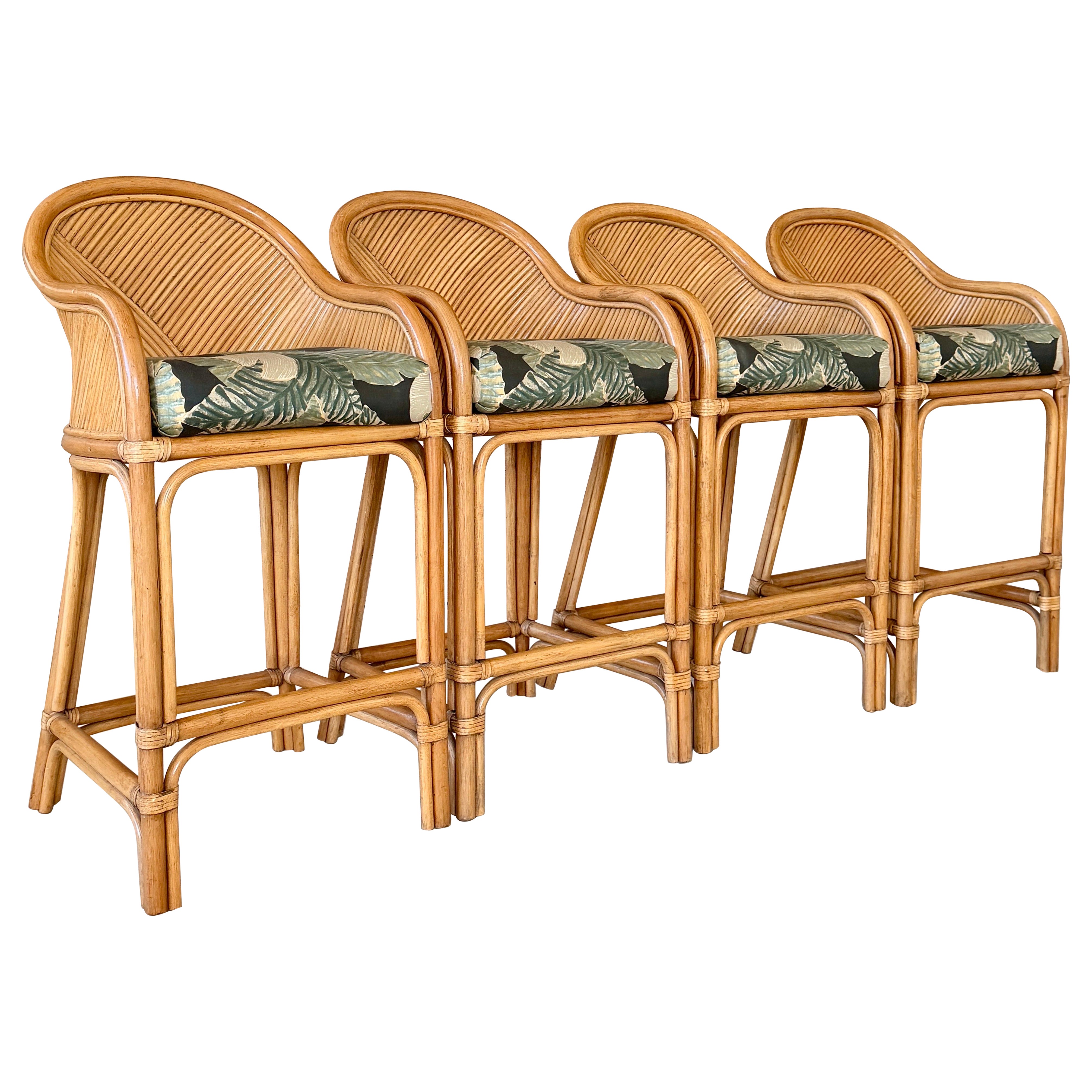 Set of Four Vintage Boho Organic Modern Pencil Rattan Bar Stools