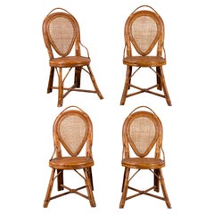 Set of Four Vintage Burmese Bamboo Side Chairs with Woven Rattan Backs and Seats