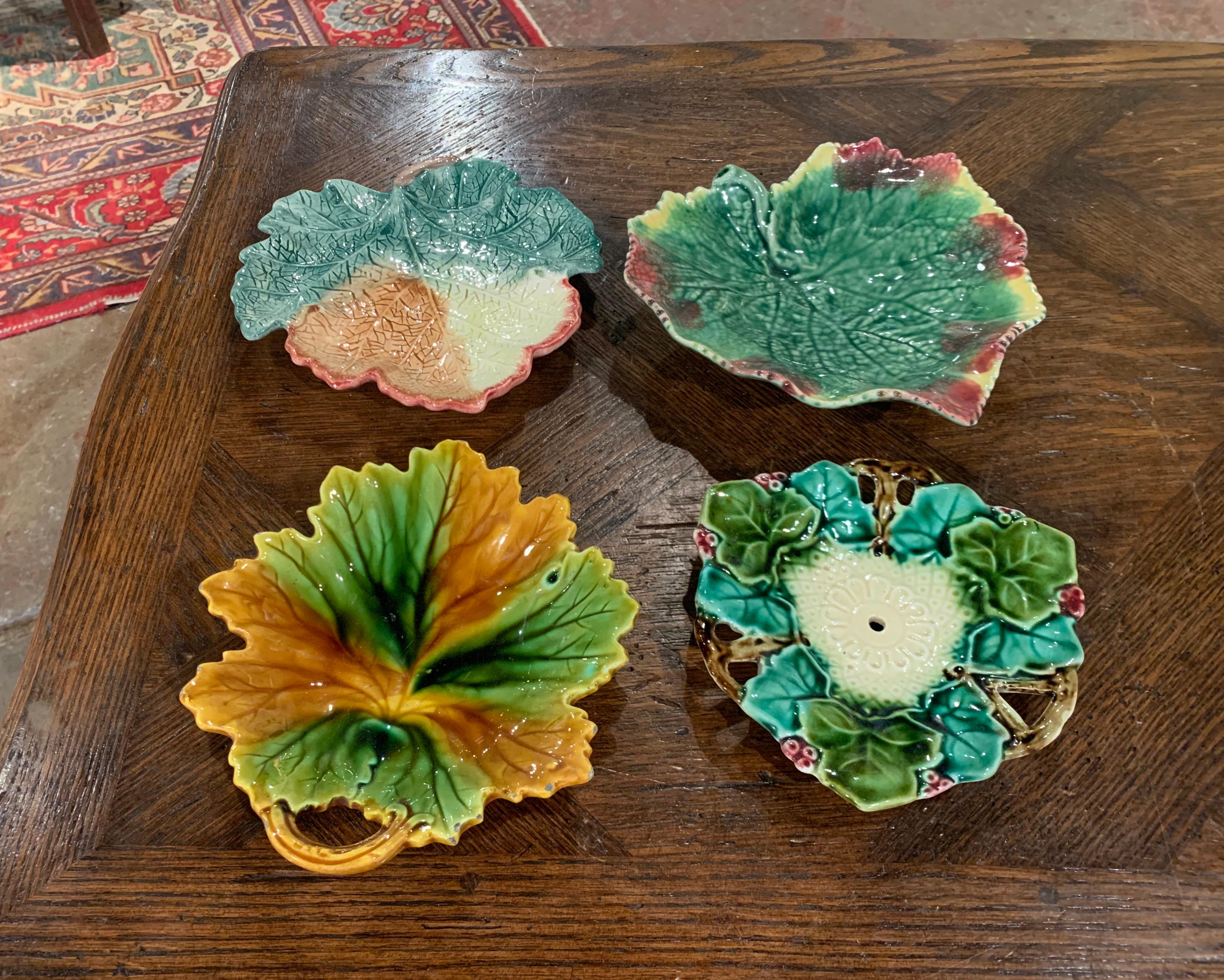 French Set of Four Vintage Ceramic Barbotine Leaf-Shaped Dishes