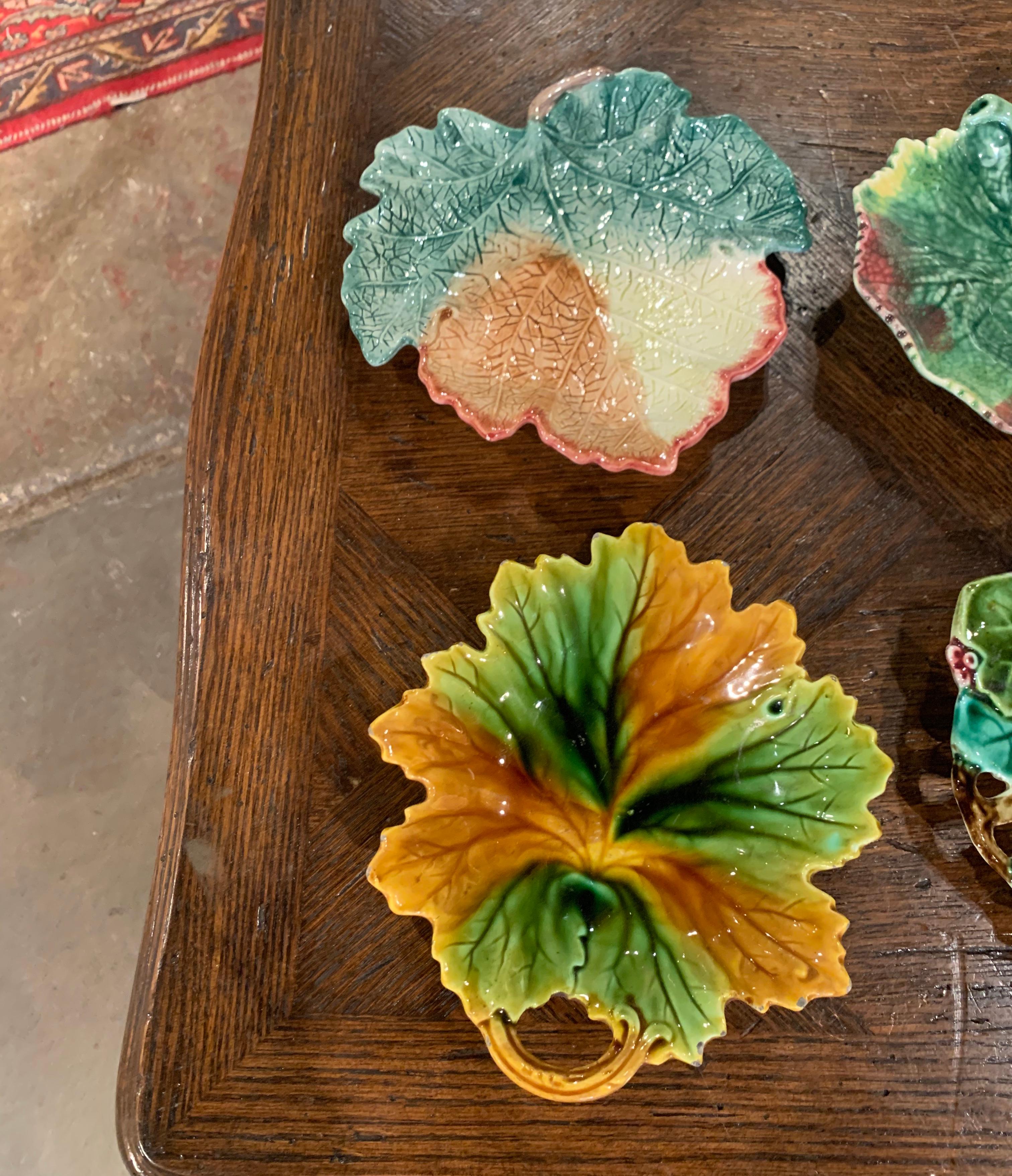 Hand-Painted Set of Four Vintage Ceramic Barbotine Leaf-Shaped Dishes