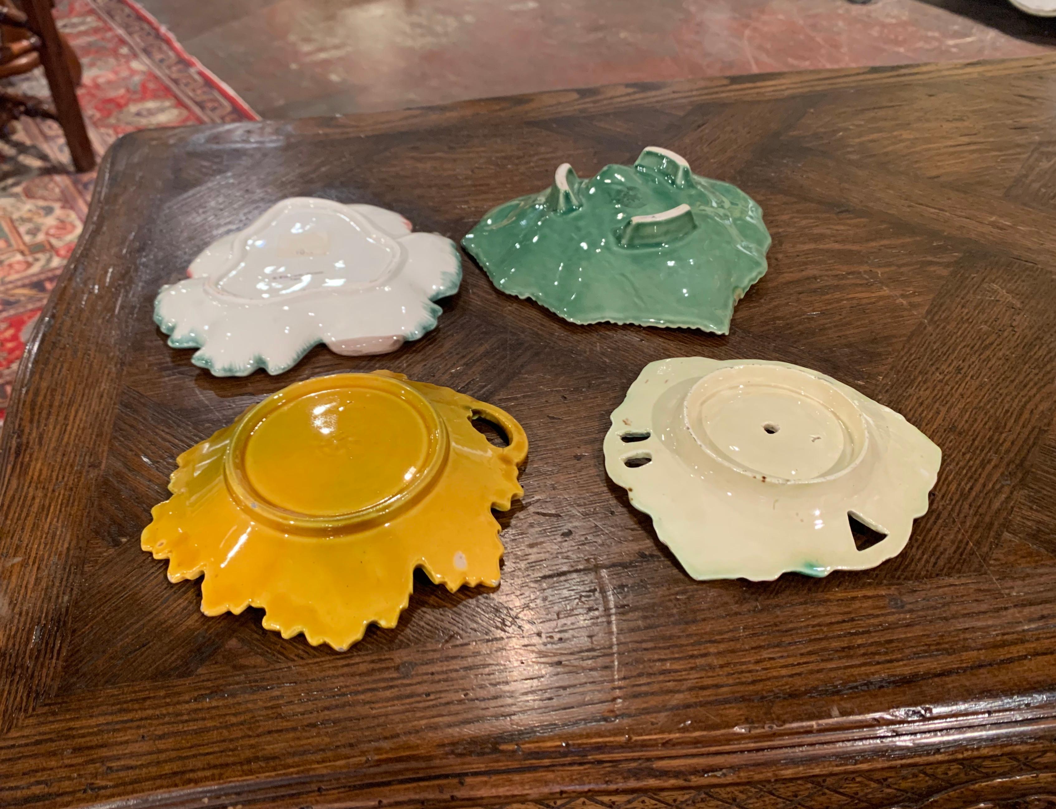 20th Century Set of Four Vintage Ceramic Barbotine Leaf-Shaped Dishes