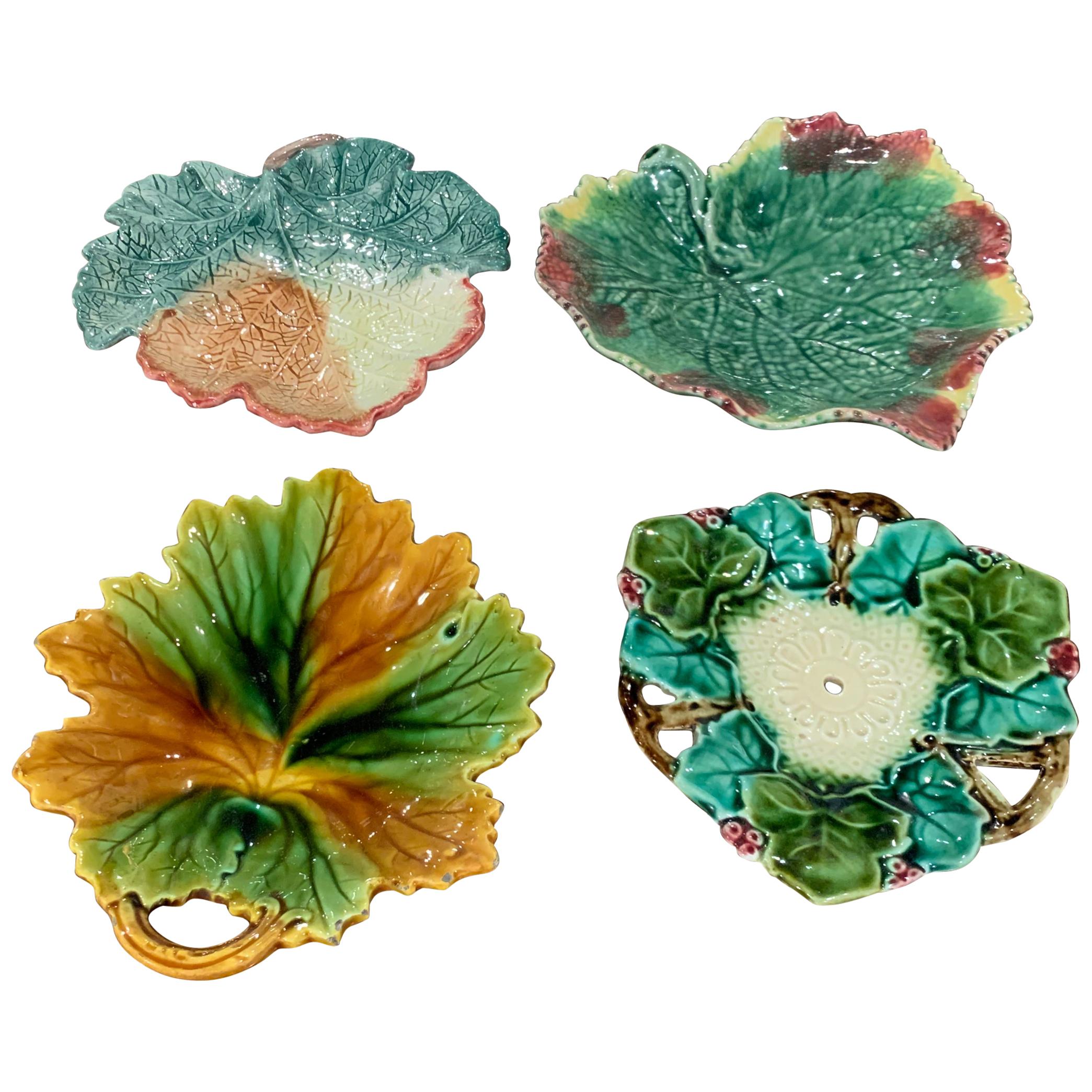 Set of Four Vintage Ceramic Barbotine Leaf-Shaped Dishes