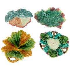 Set of Four Vintage Ceramic Barbotine Leaf-Shaped Dishes