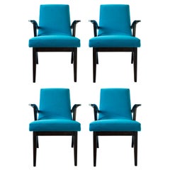 Ensemble de quatre chaises vintage en velours bleu de Mieczyslaw Puchala, années 1960