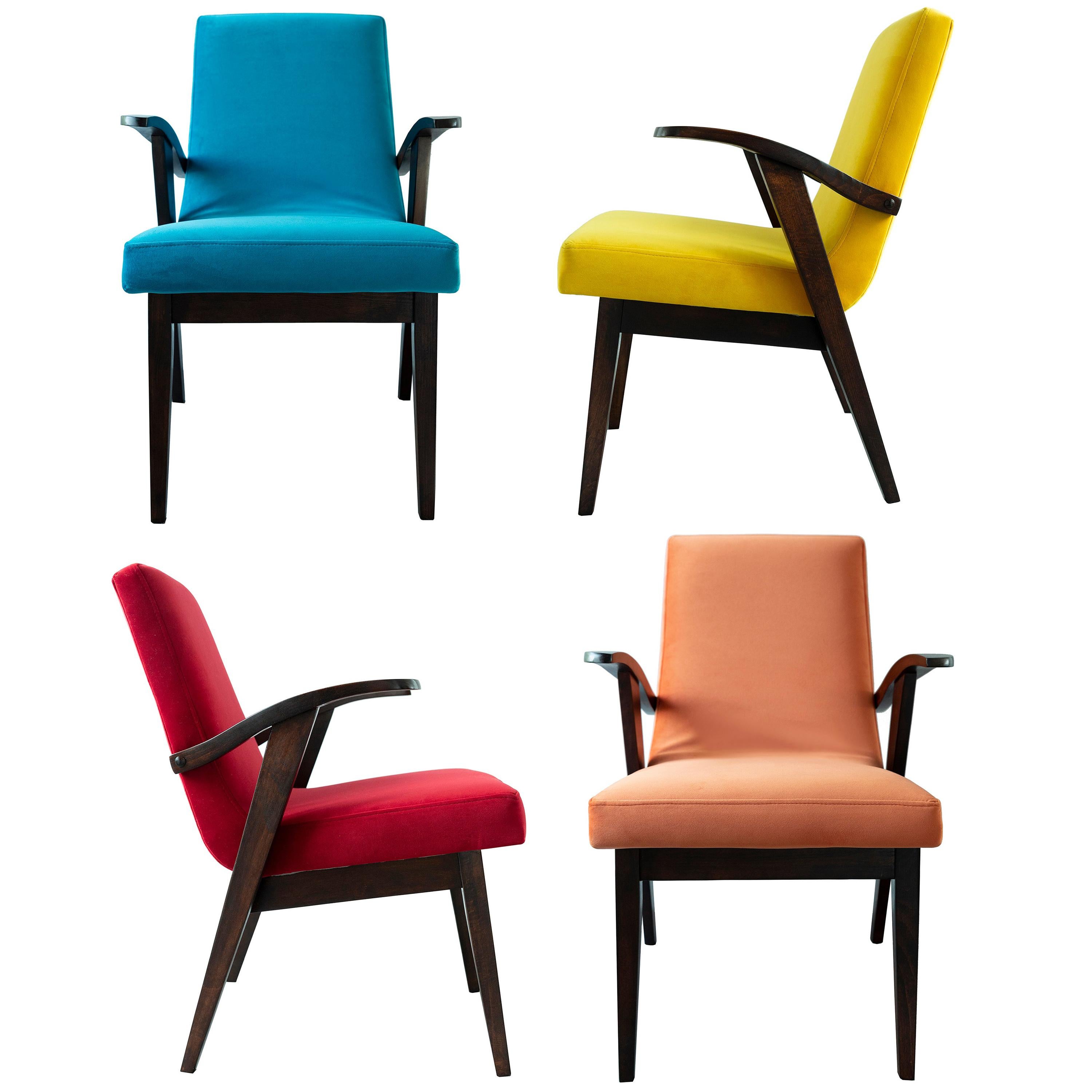 Set of Four Vintage Chairs in Colorful Velvet by Mieczyslaw Puchala, 1960s For Sale