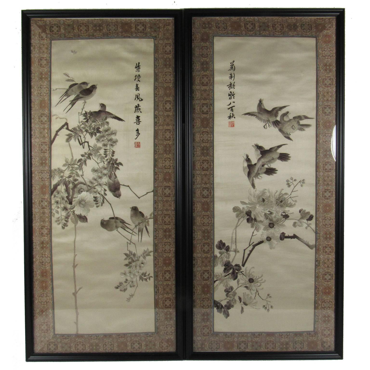 Set of four Chinese embroidered silk panels depicting the four seasons with birds and flowers, mid-20th century. Each panel with embroidered in white black and gray tones with inscription and chopmark.
Measure: Each panel 38 x 13 1/4 inches;