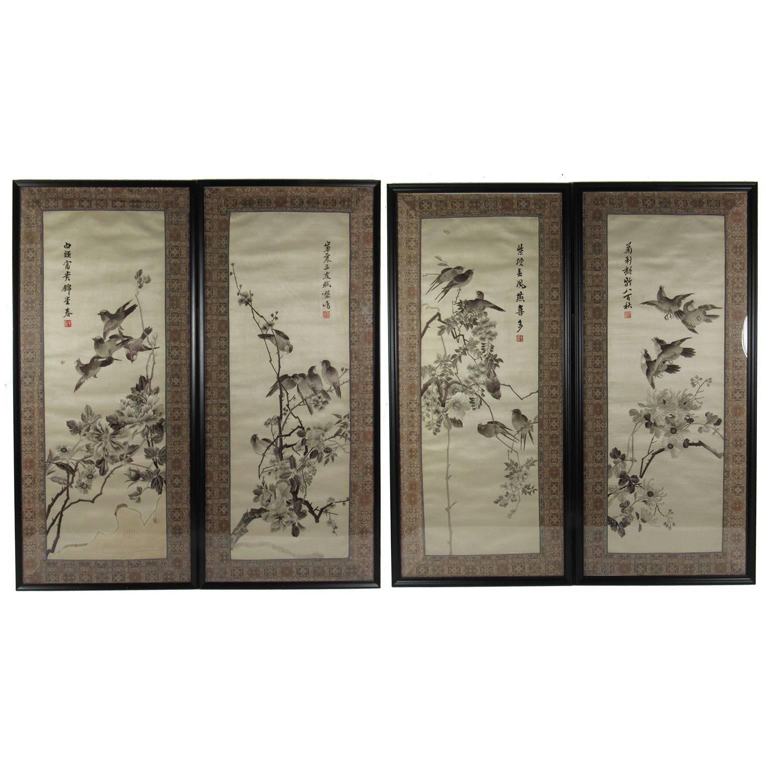 Set of Four Vintage Chinese Embroidered Silk Panels of the Four Seasons For Sale