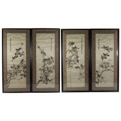 Set of Four Vintage Chinese Embroidered Silk Panels of the Four Seasons