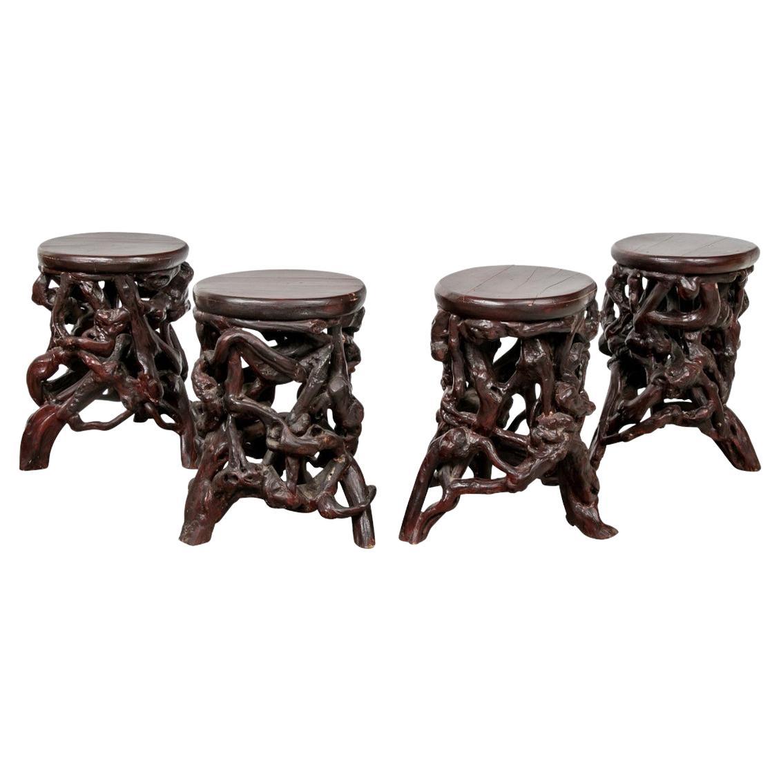 Set of Four Vintage Chinese Root Stools