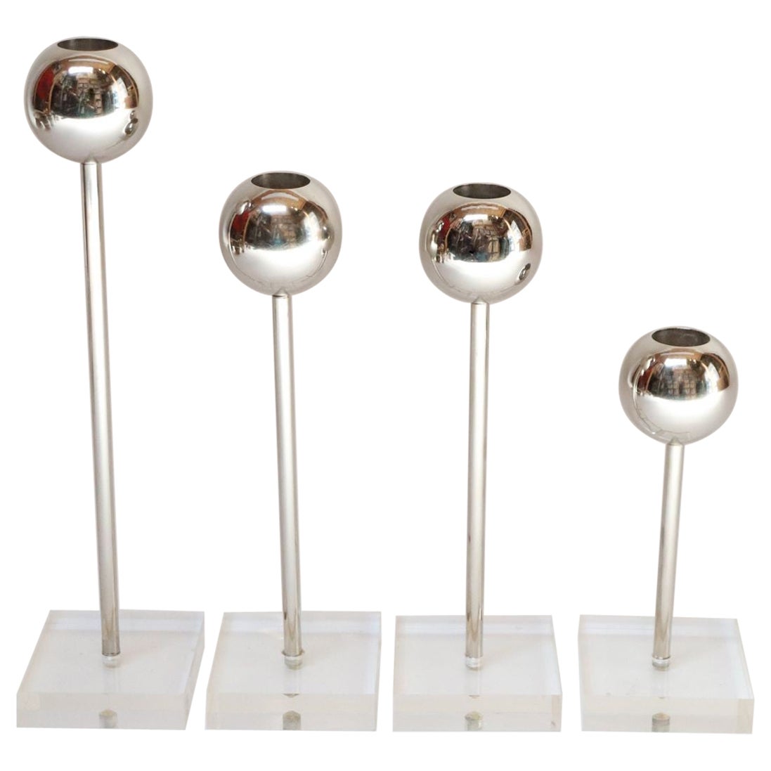 Set of Four Vintage Chrome Orb Candlesticks with Lucite Stems and Bases