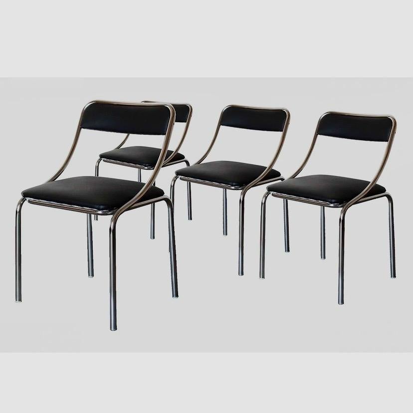 Set of Four Vintage Chromed Dining Chairs, Faux Leather, Italy, 1970