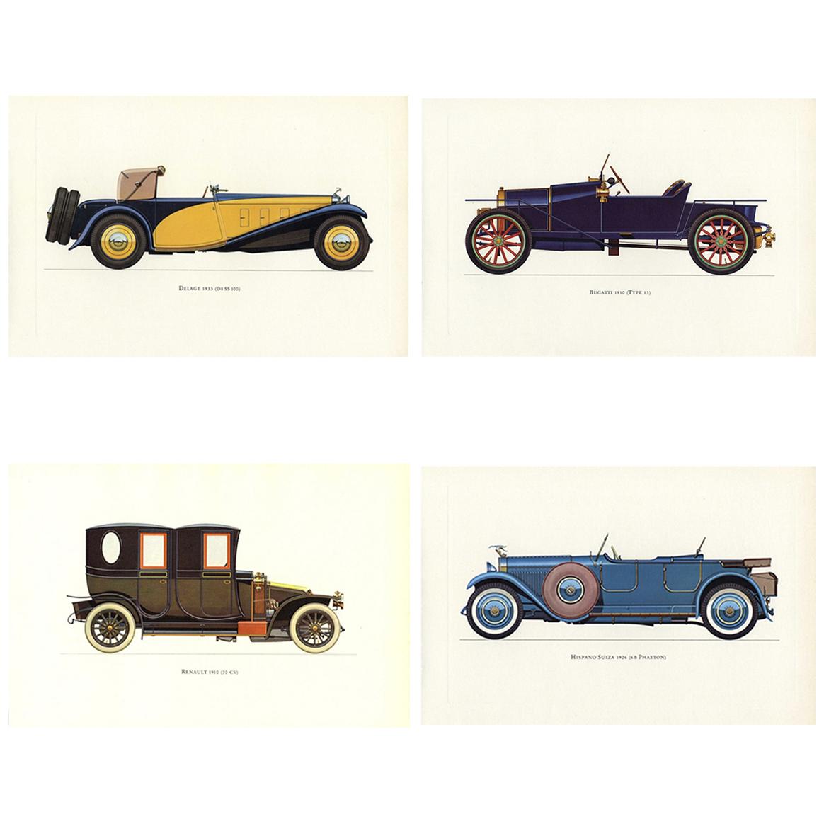 Ensemble de quatre voitures classiques anciennes:: lithographies couleur encadrées:: 1964