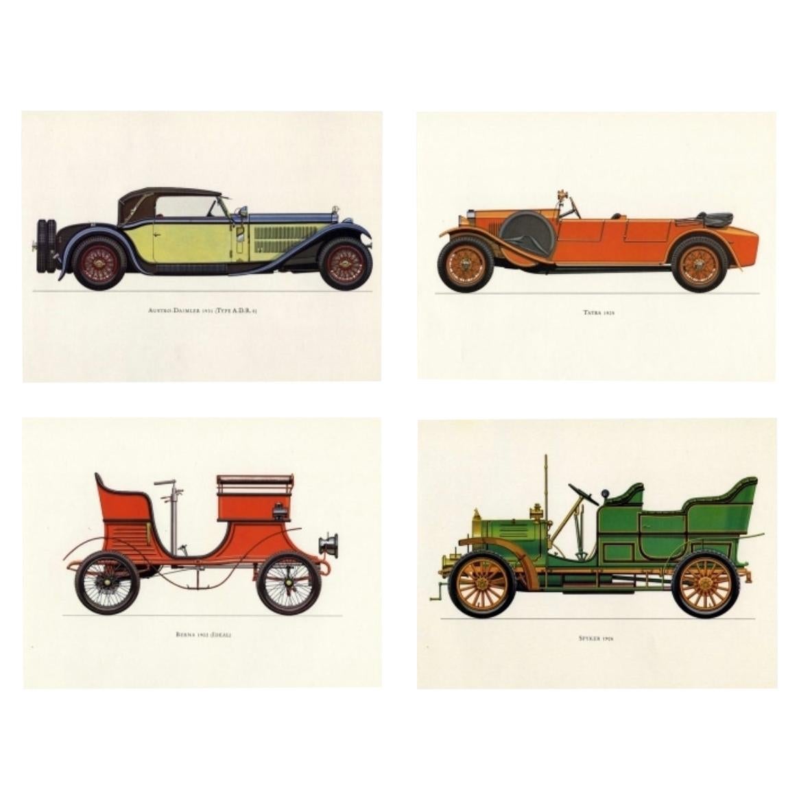 Set of Four Vintage Classic Cars Framed Color Lithographs Pictures, 1964 For Sale