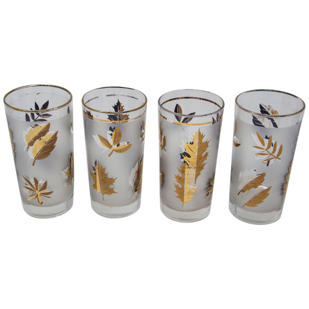 Set of Four Vintage Cocktail Glasses by Libbey with Gold Leaf Design