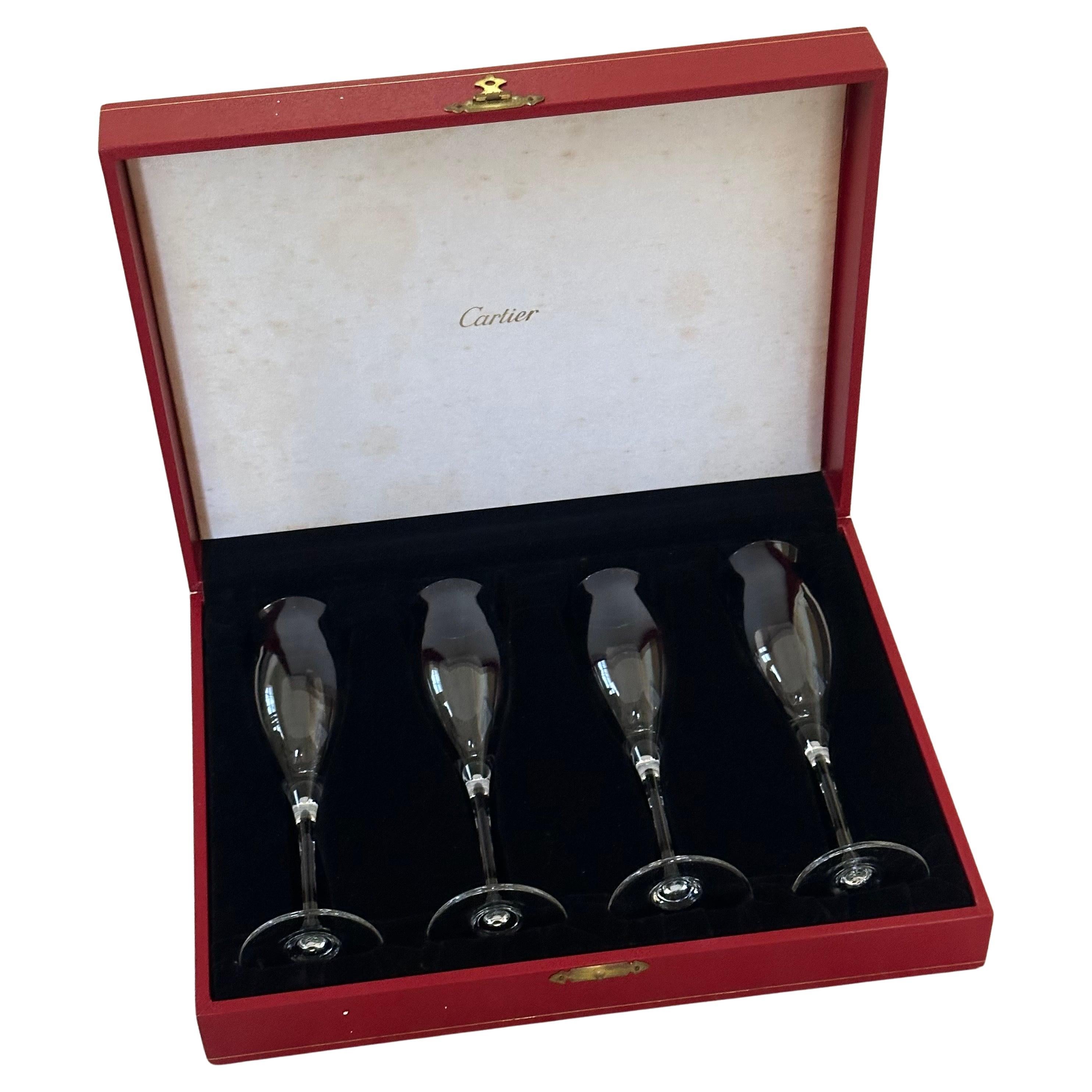 Set of Four Vintage Crystal Champagne Flutes in Original Red Box by Cartier For Sale 8