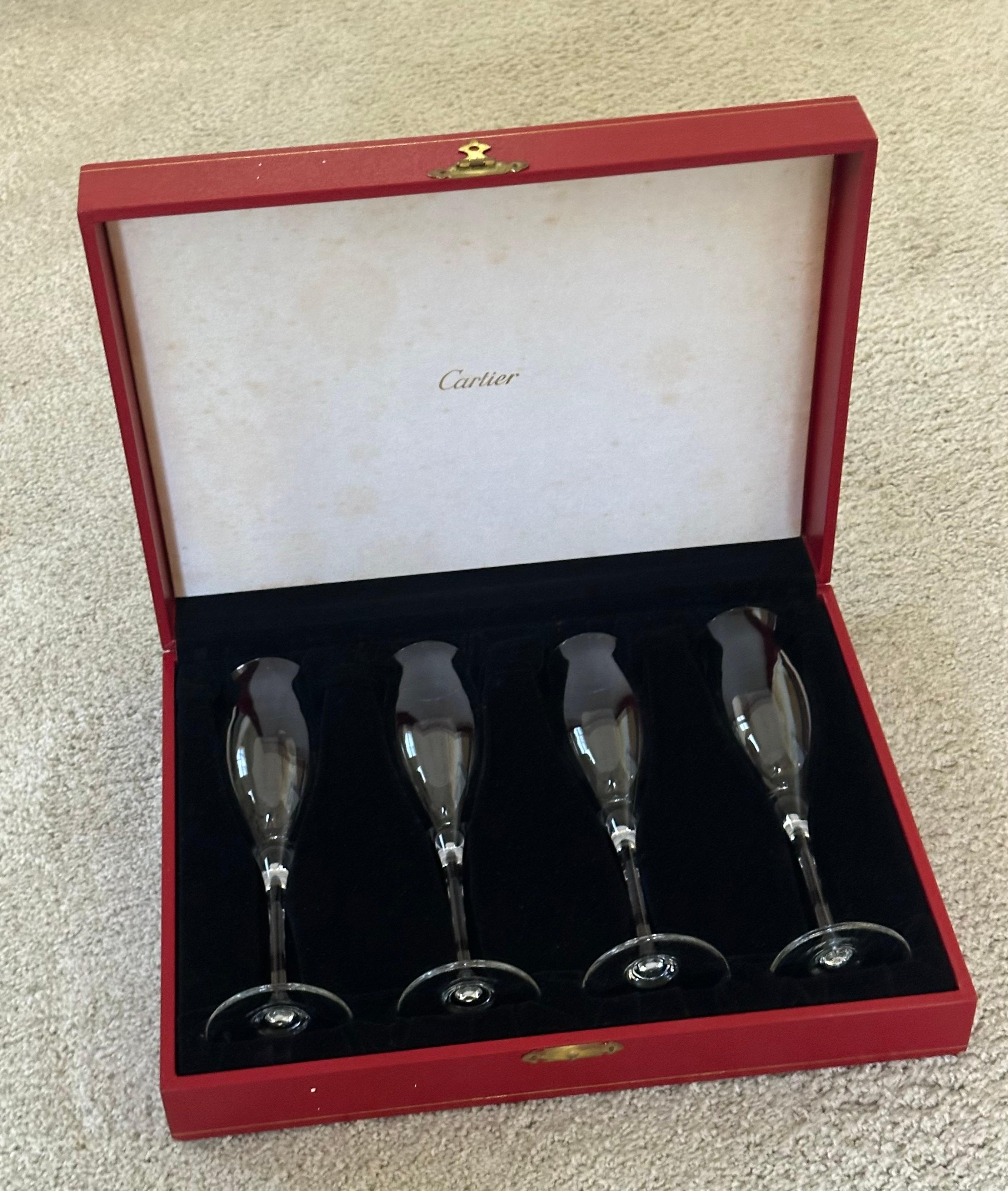 20th Century Set of Four Vintage Crystal Champagne Flutes in Original Red Box by Cartier For Sale