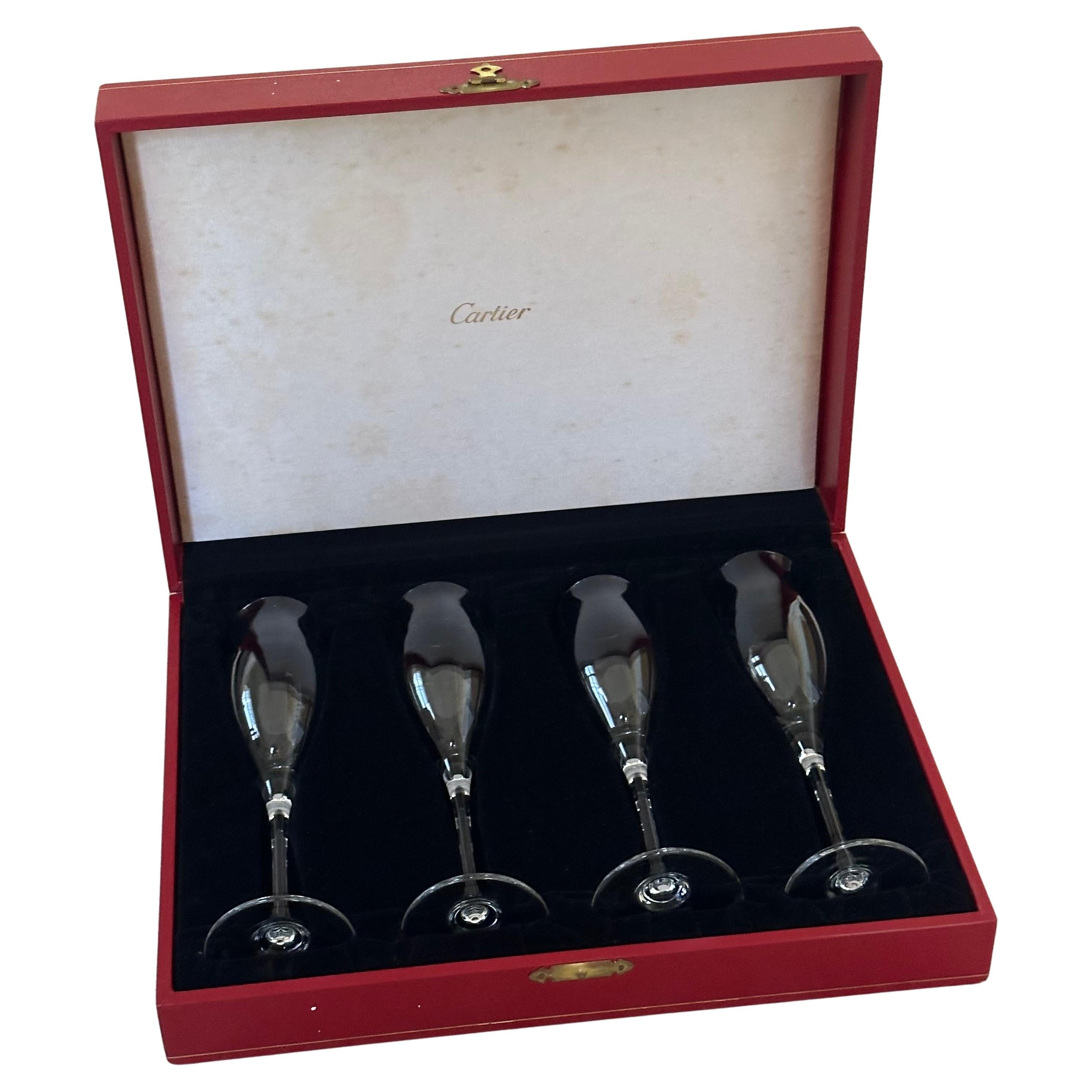 Set of Four Vintage Crystal Champagne Flutes in Original Red Box by Cartier For Sale