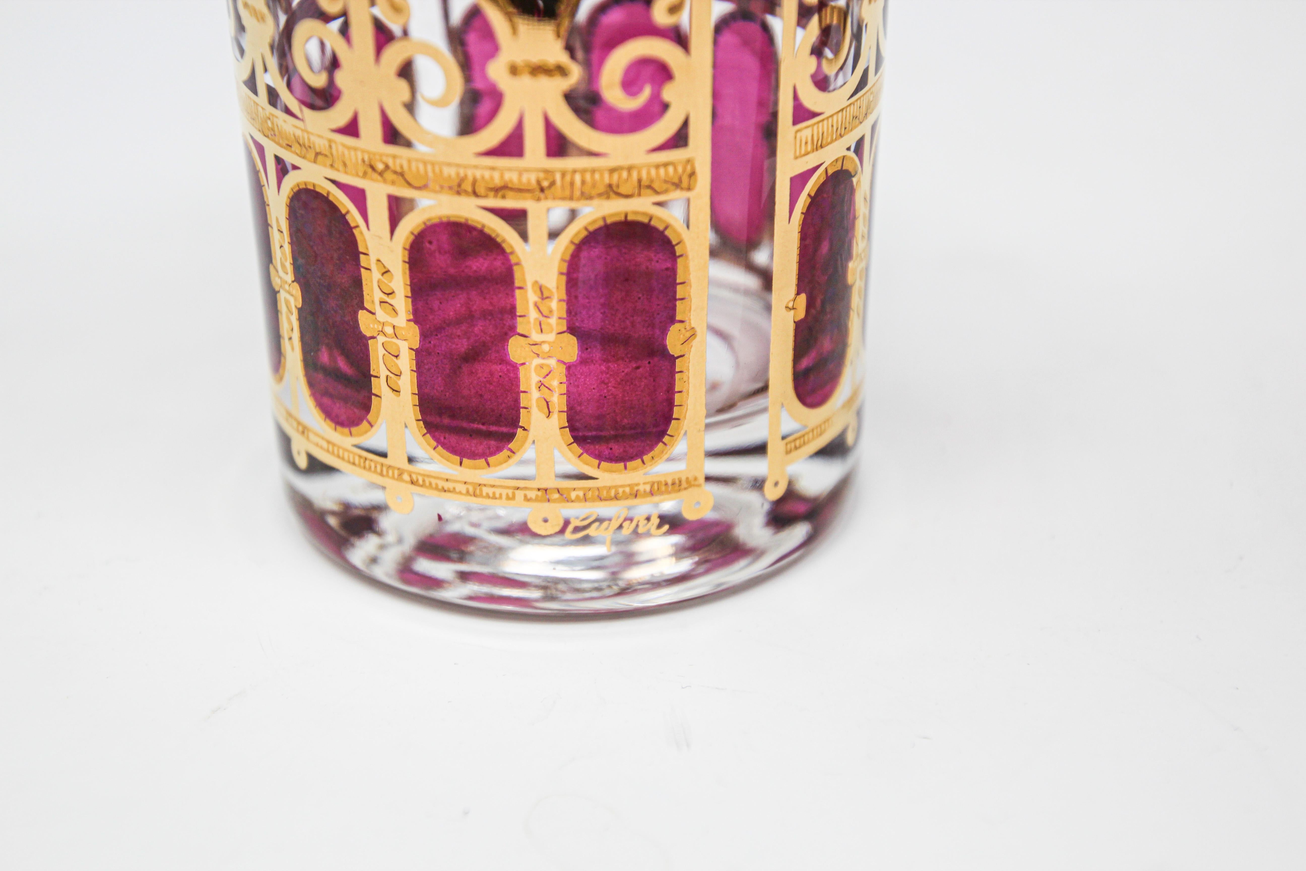 Set of Four Vintage Culver Glasses with 22-Karat Gold and Red Moorish Design In Fair Condition In North Hollywood, CA