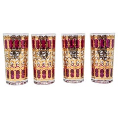 Set of Four Vintage Culver Glasses with 22-Karat Gold and Red Moorish Design