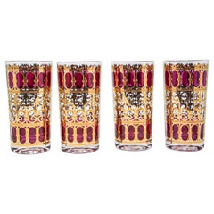 Set of Four Retro Culver Glasses with 22-Karat Gold and Red Moorish Design