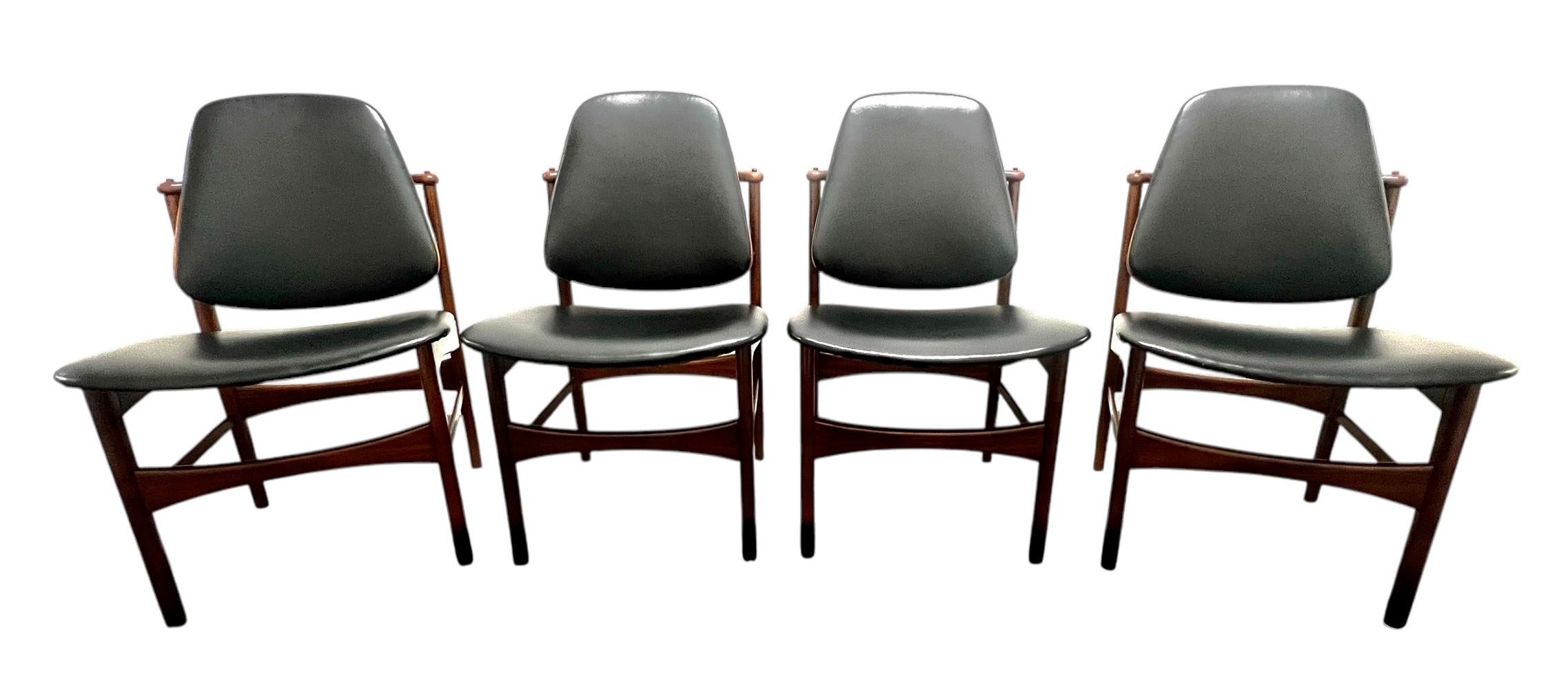 Set of Four Vintage Mid Century Dining Chairs by Arne Vodder for France & Daverkosen.  Chairs do not have makers marks but are attributed to Arne Vodder. Chairs are in great vintage condition with only age appropriate wear. 