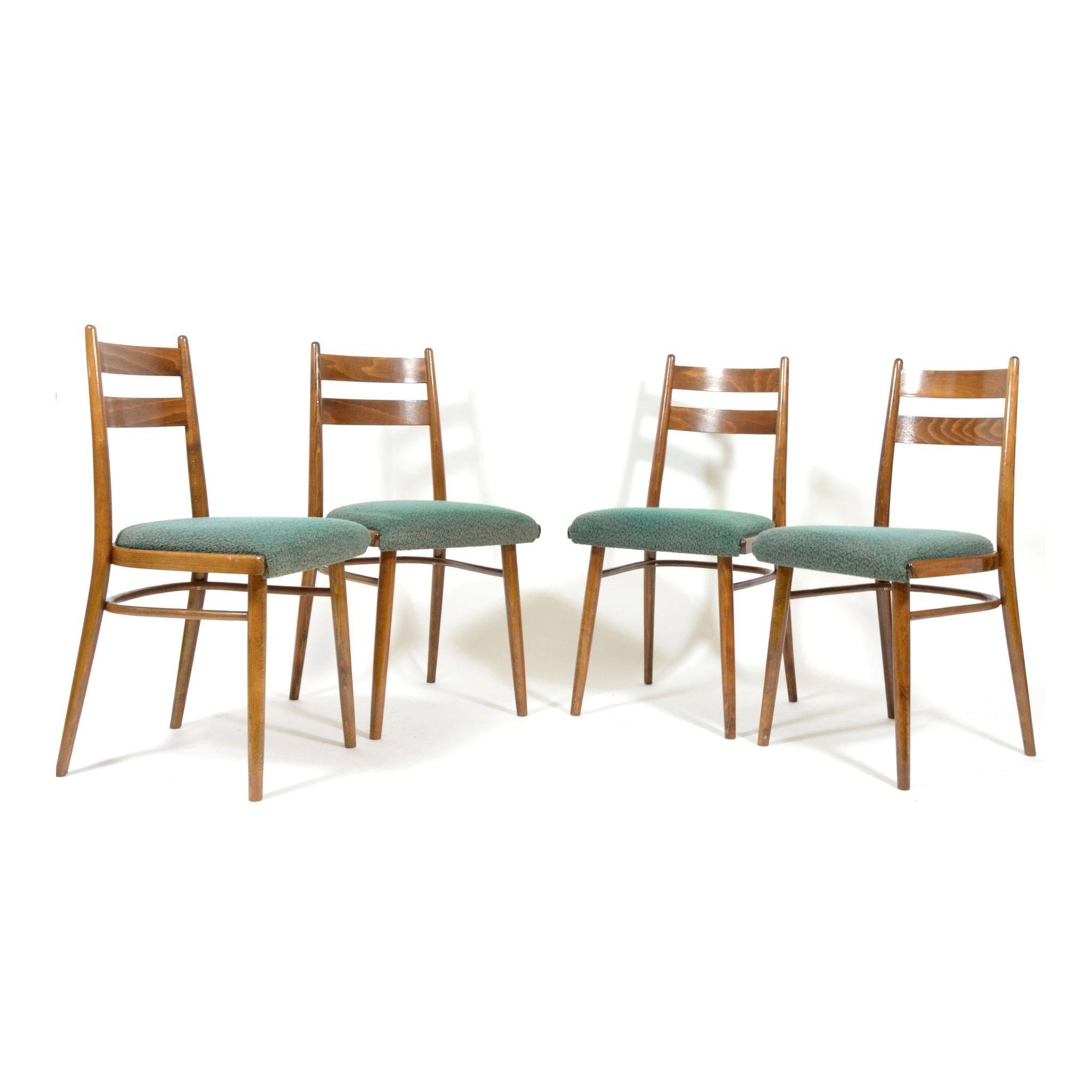 Set of Four Vintage Dining Chairs, Green Seats, Czechoslovakia, 1970s In Good Condition In Zbiroh, CZ