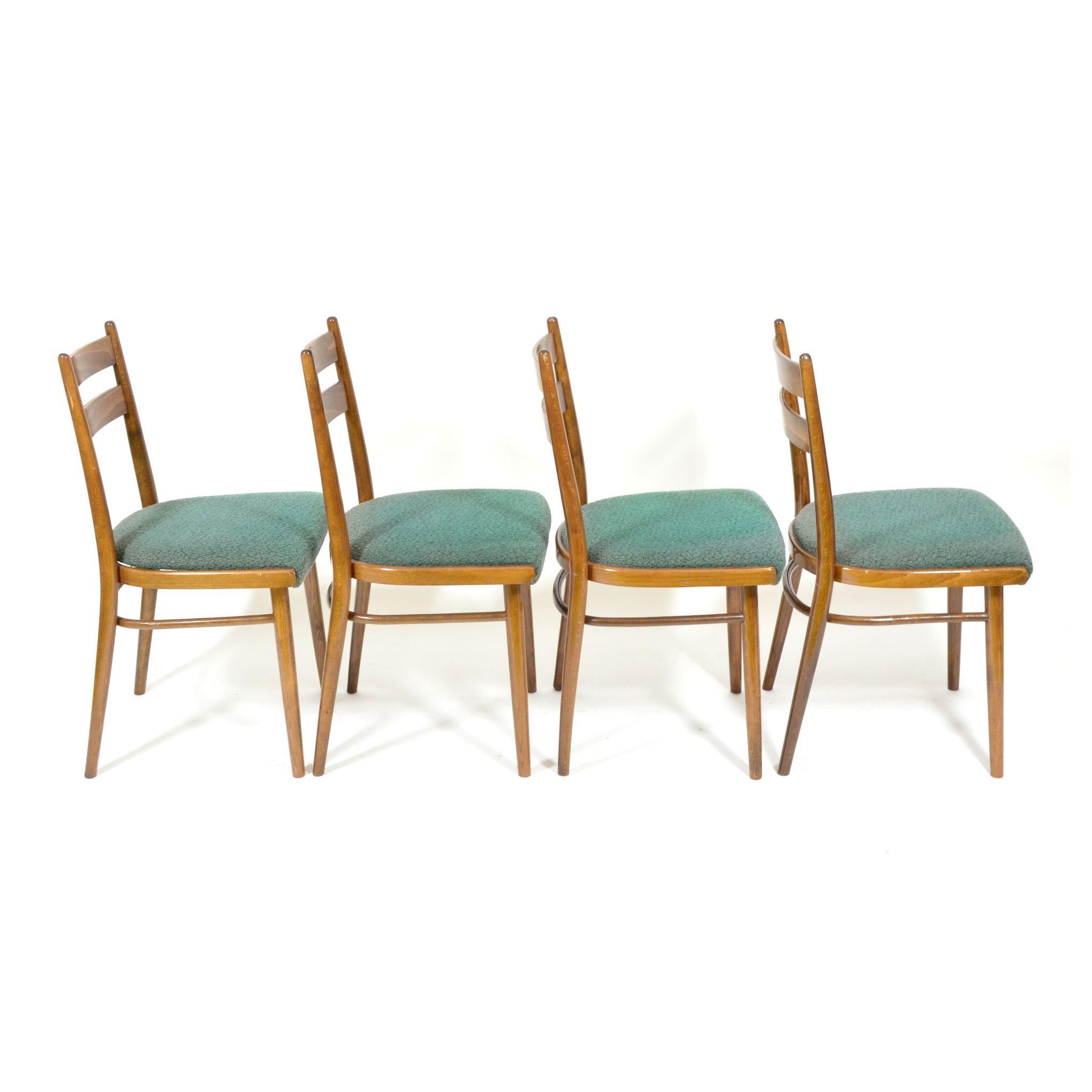 Fabric Set of Four Vintage Dining Chairs, Green Seats, Czechoslovakia, 1970s