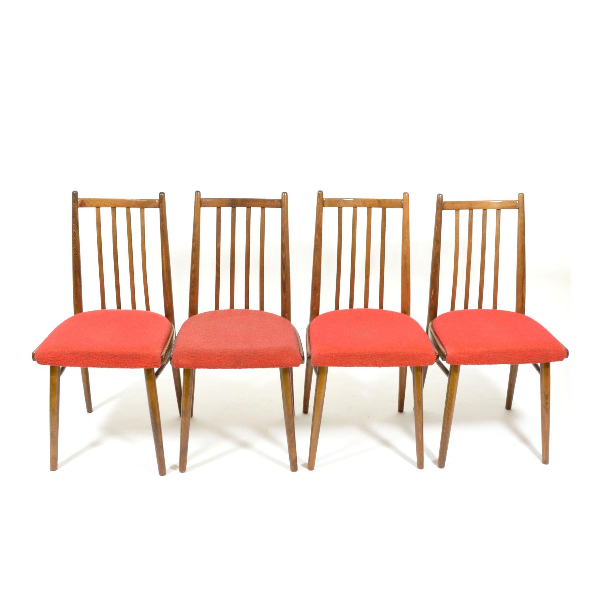 Set of Four Vintage Dining Chairs, Red Upholstered, Czechoslovakia, 1970s For Sale 5
