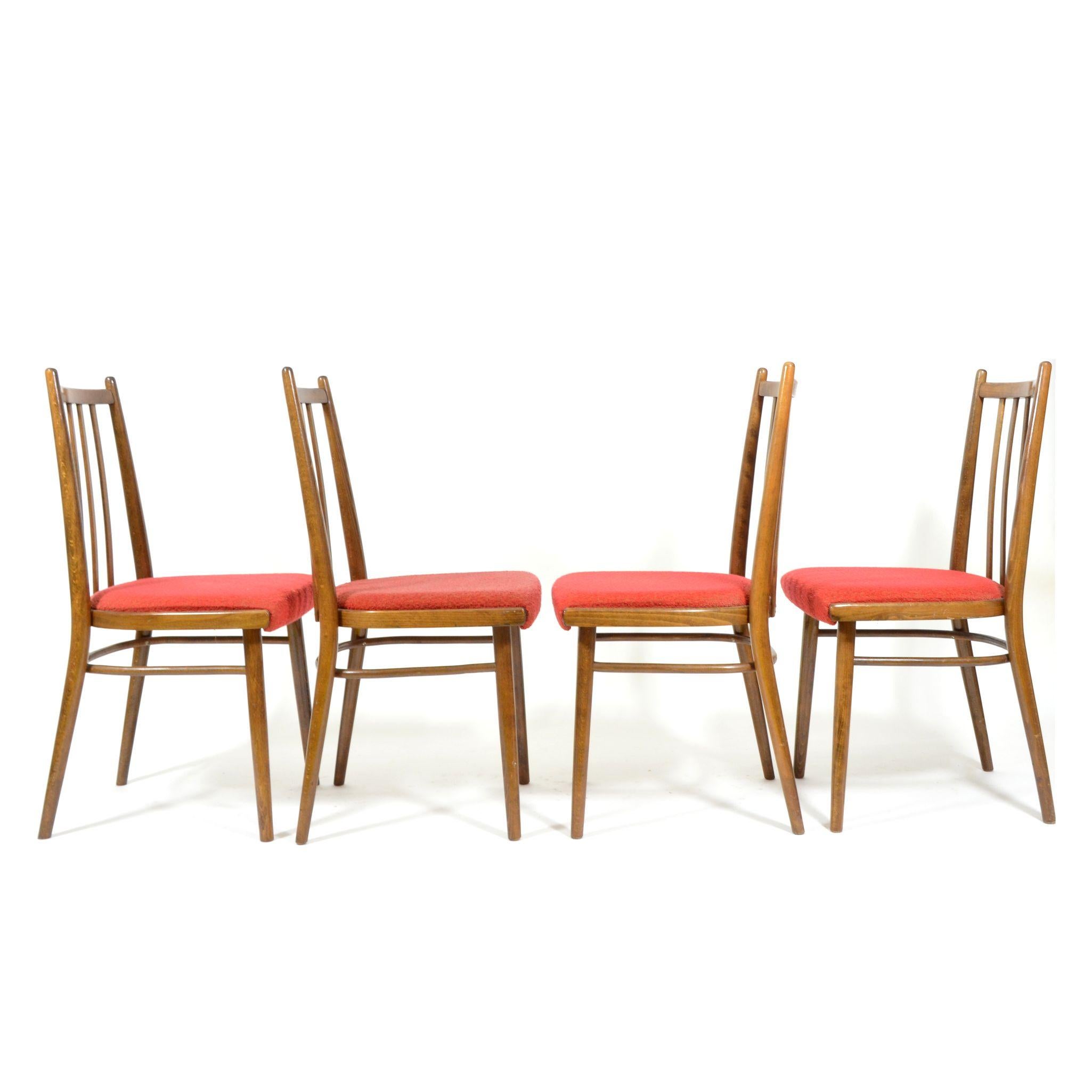 Set of Four Vintage Dining Chairs, Red Upholstered, Czechoslovakia, 1970s In Good Condition For Sale In Zbiroh, CZ