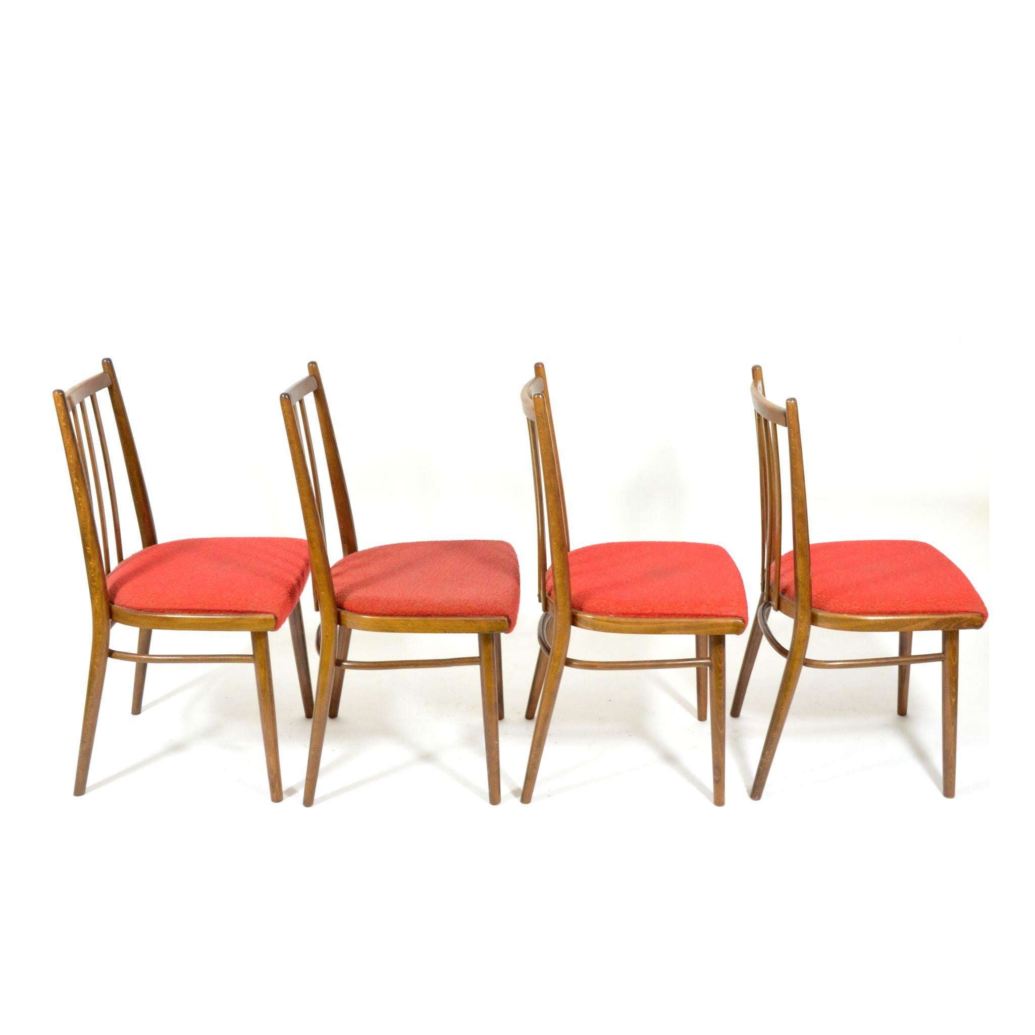 Late 20th Century Set of Four Vintage Dining Chairs, Red Upholstered, Czechoslovakia, 1970s For Sale