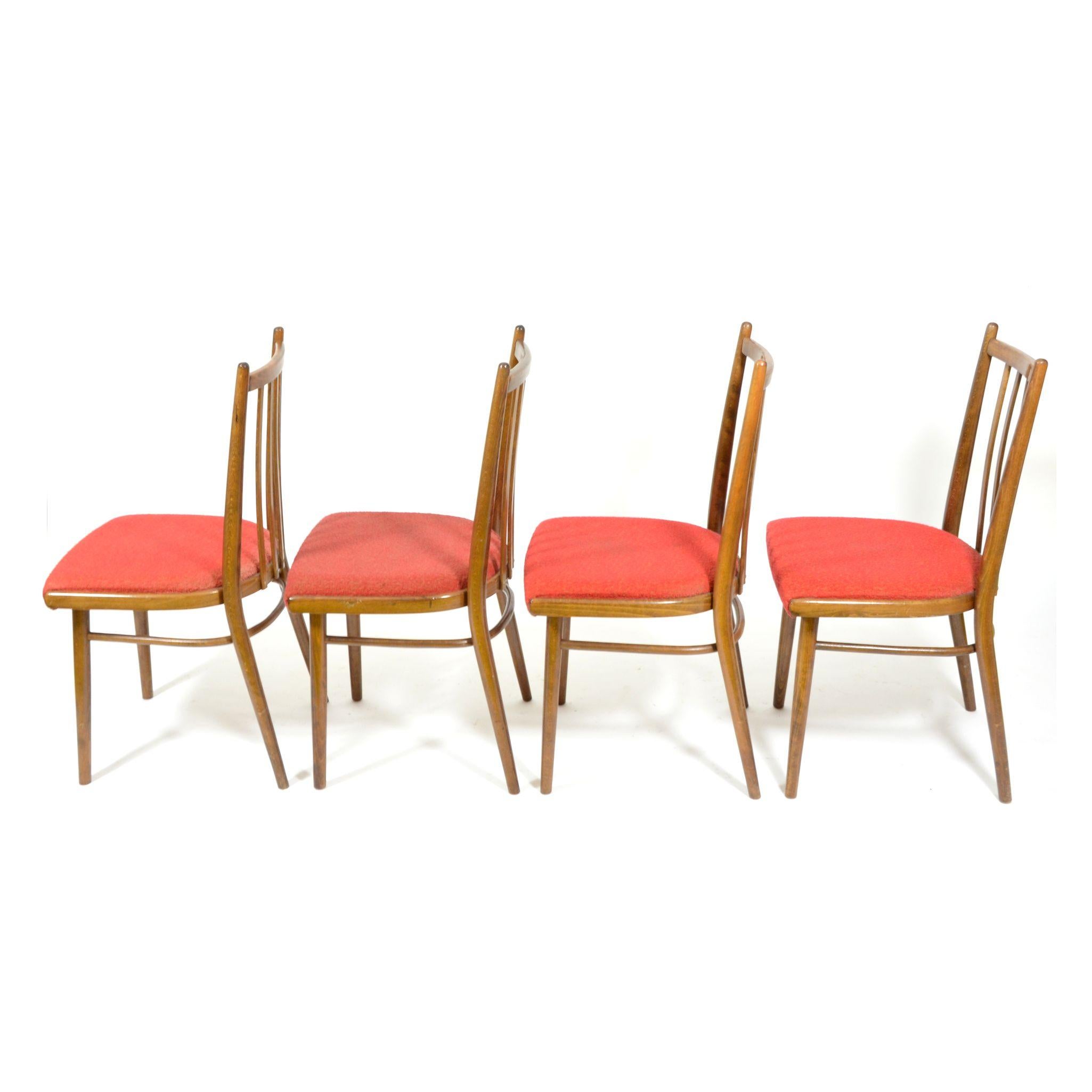 Fabric Set of Four Vintage Dining Chairs, Red Upholstered, Czechoslovakia, 1970s For Sale