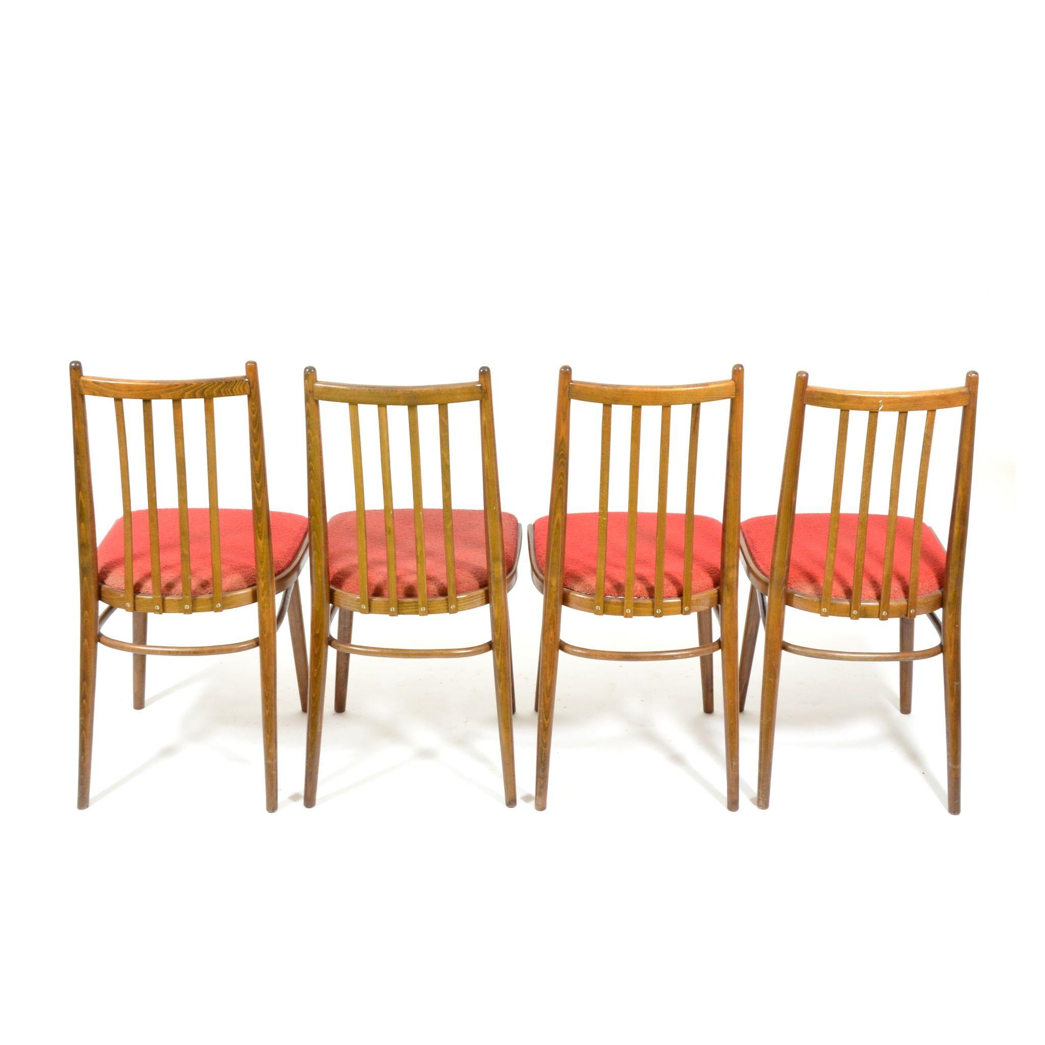 Set of Four Vintage Dining Chairs, Red Upholstered, Czechoslovakia, 1970s For Sale 1