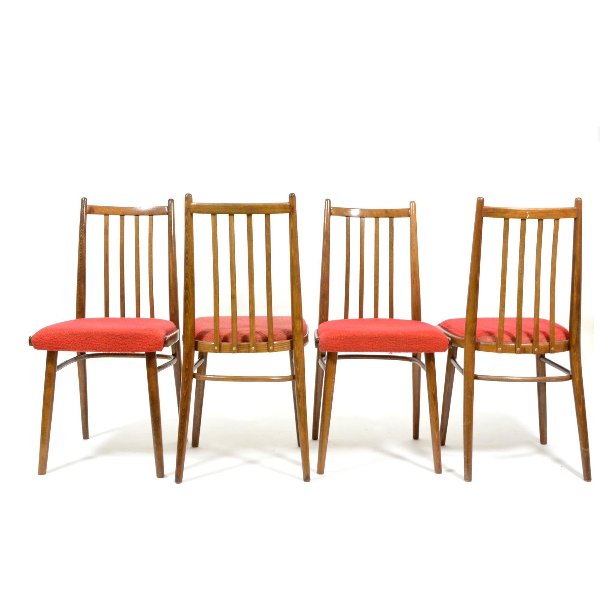 Set of Four Vintage Dining Chairs, Red Upholstered, Czechoslovakia, 1970s For Sale 2