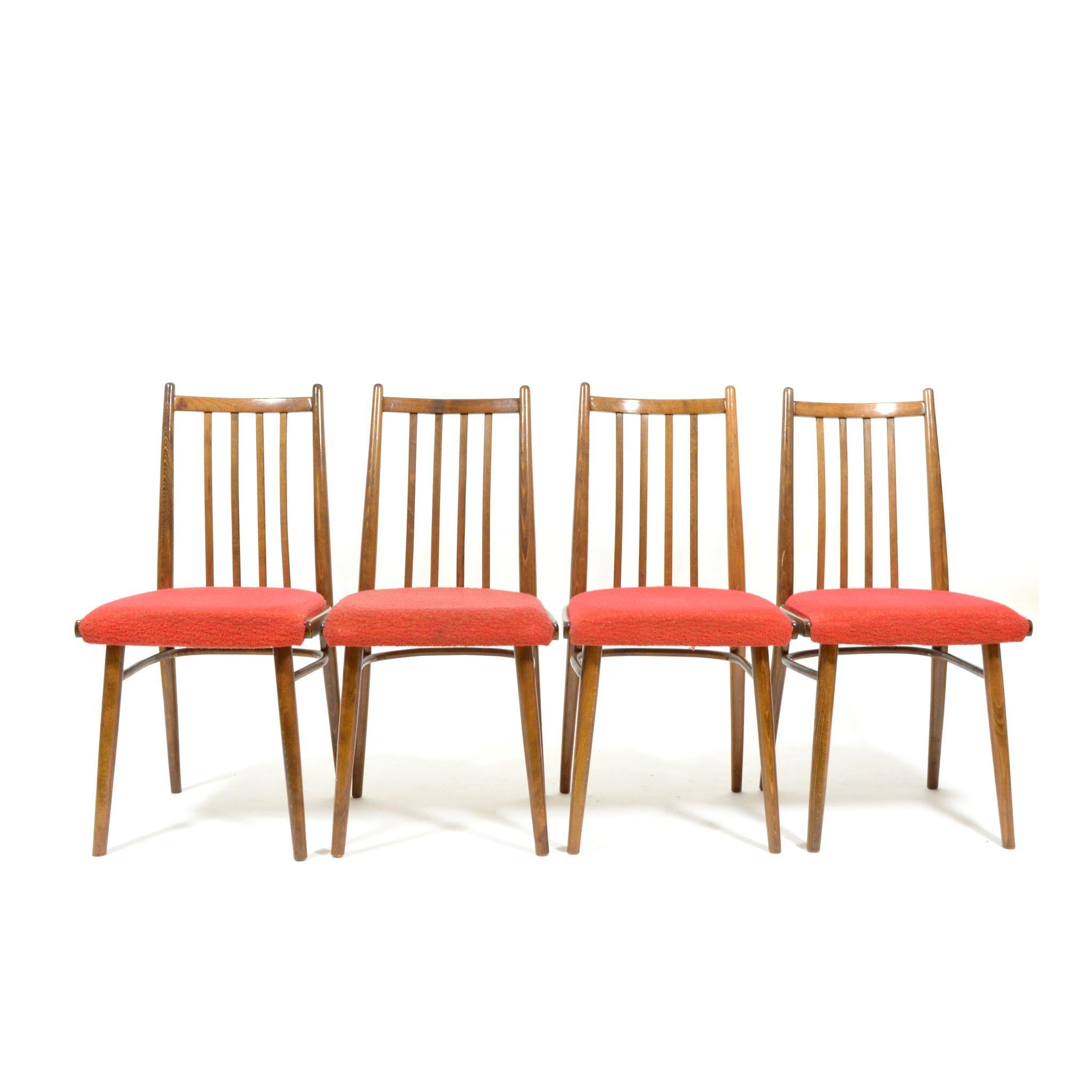 Set of Four Vintage Dining Chairs, Red Upholstered, Czechoslovakia, 1970s For Sale 4