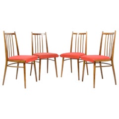 Set of Four Vintage Dining Chairs, Red Upholstered, Czechoslovakia, 1970s