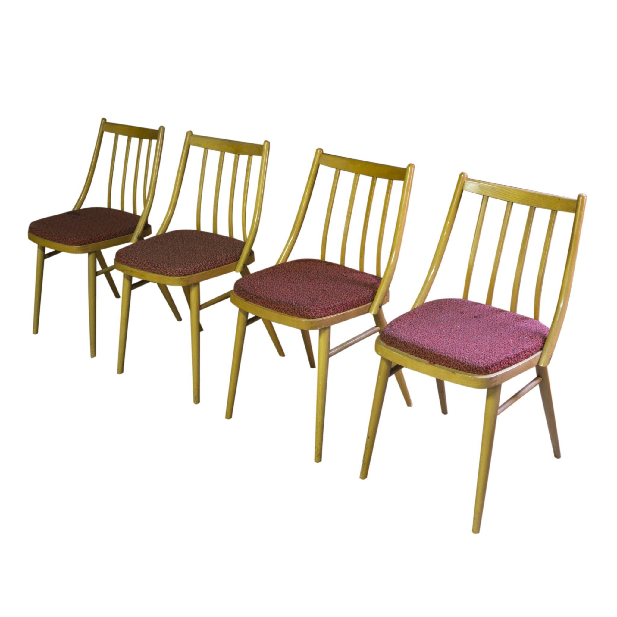 Mid-Century Modern Set of Four Vintage Dining Chairs, TON, 1960s, Czechoslovakia For Sale