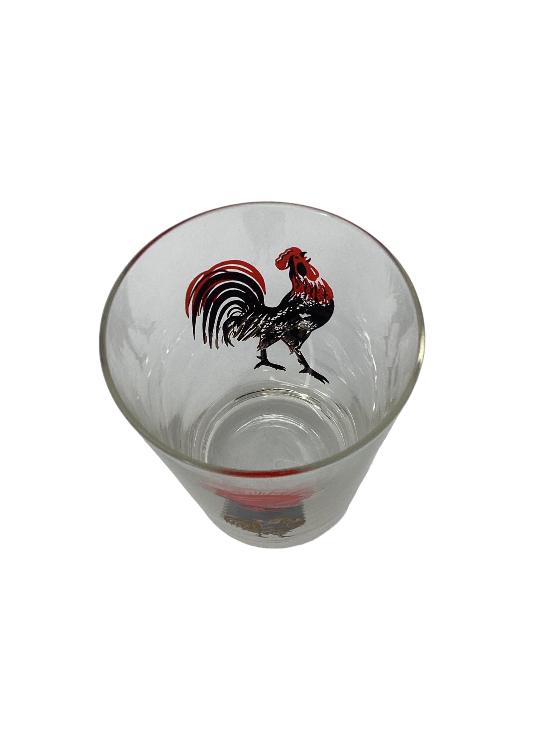  Set of Four Vintage Double Old Fashioned with Large Crowing Roosters. Vibrantly colored Rooster in black and gold, accented in red feathers.