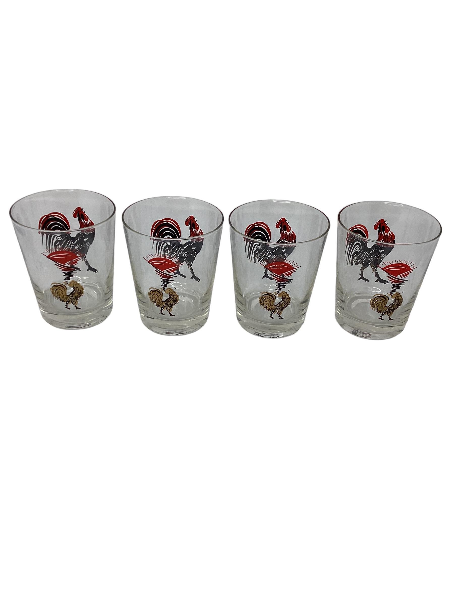 Mid-Century Modern  Set of Four Vintage Double Old Fashioned with Roosters Decoration  For Sale