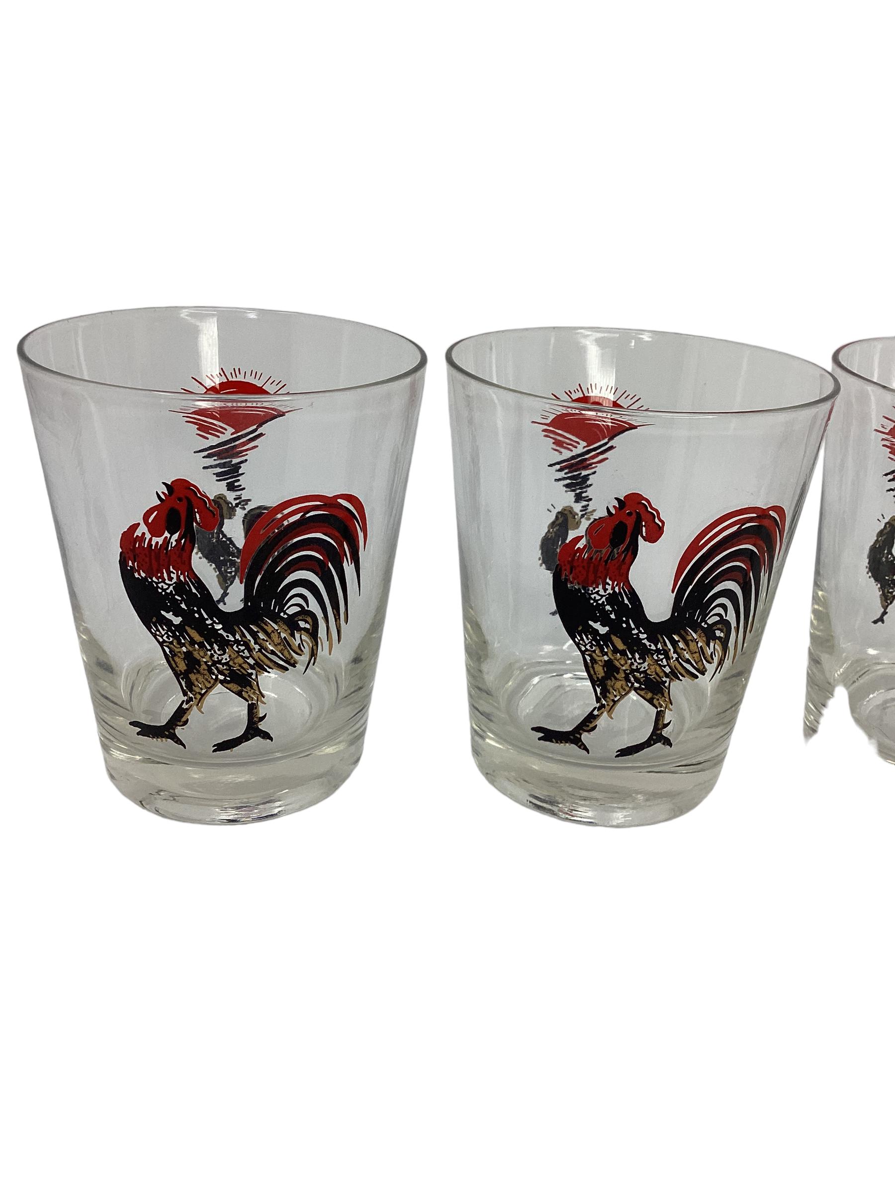 Glass  Set of Four Vintage Double Old Fashioned with Roosters Decoration  For Sale