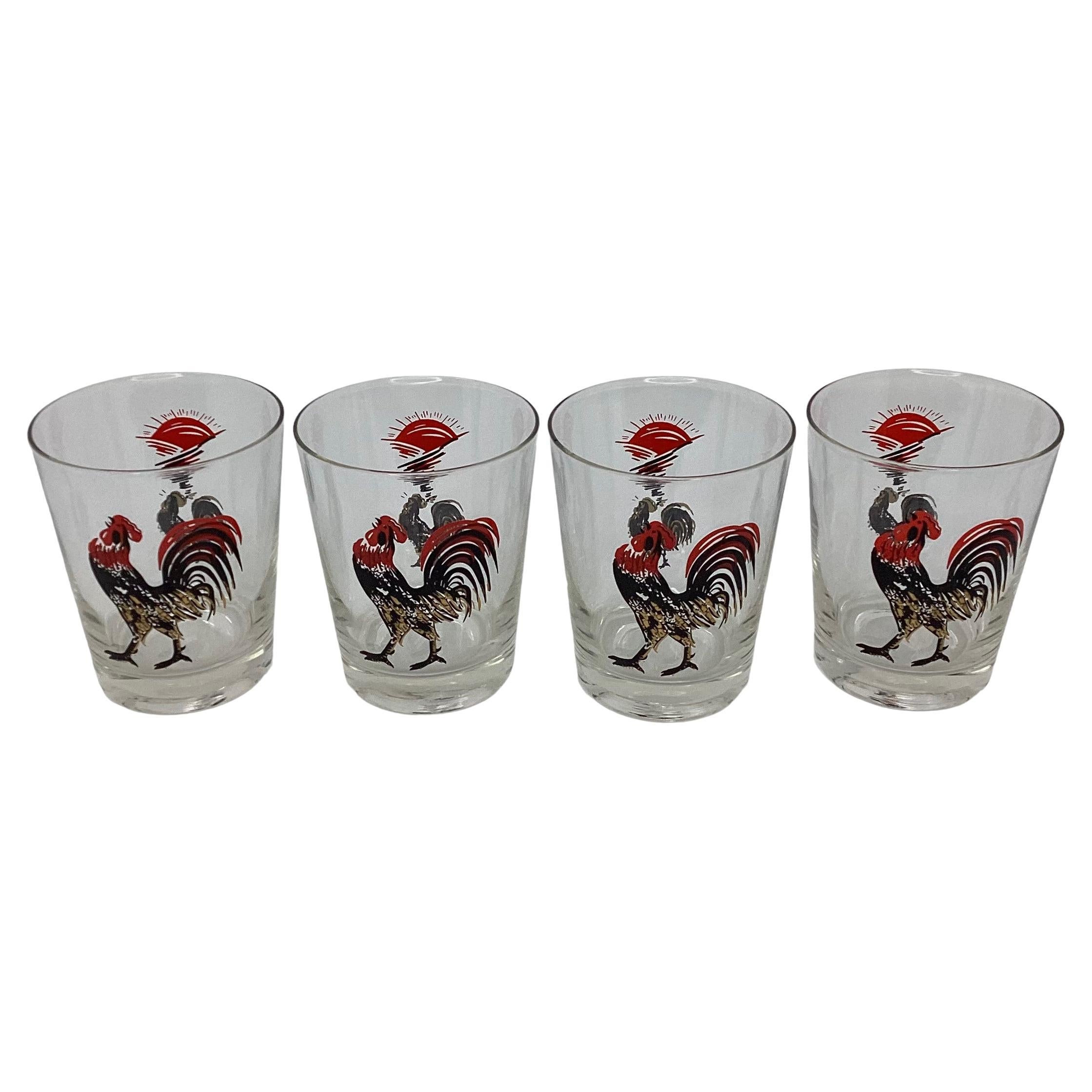  Set of Four Vintage Double Old Fashioned with Roosters Decoration 