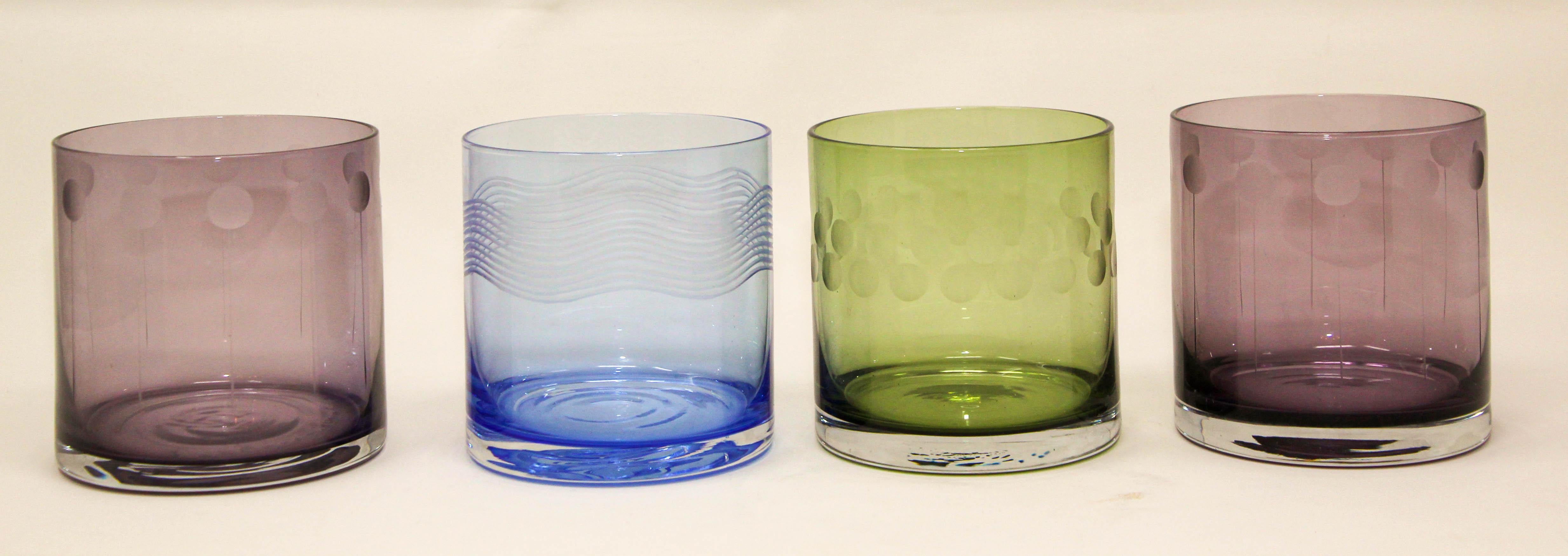 Set of Four Vintage Drinking Colored Crystal Glasses with Etched Design For Sale 6